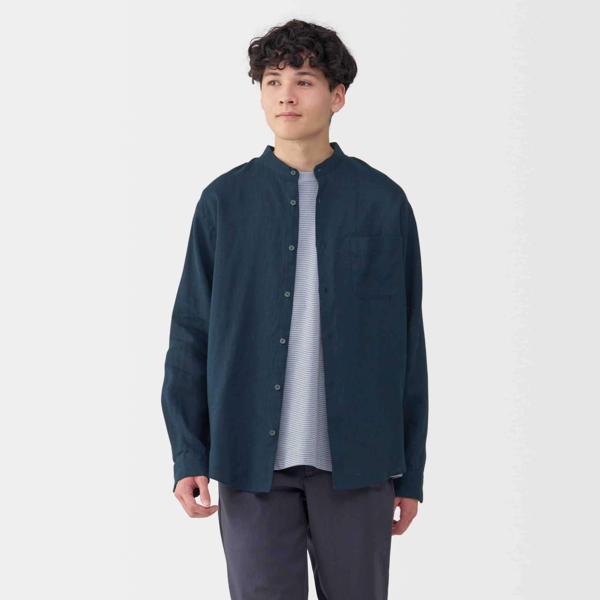 紳士　リネン洗いざらしスタンドカラー長袖シャツ