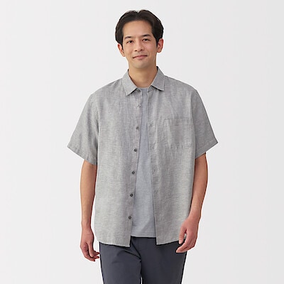 紳士　リネン洗いざらし半袖シャツ