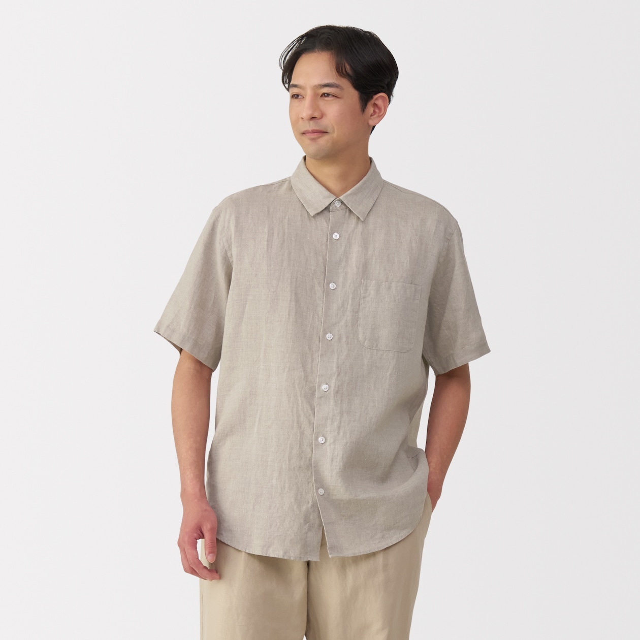 紳士　リネン洗いざらし半袖シャツ