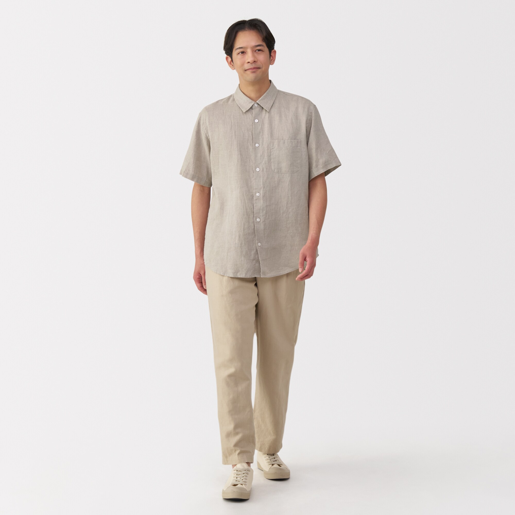 紳士　リネン洗いざらし半袖シャツ
