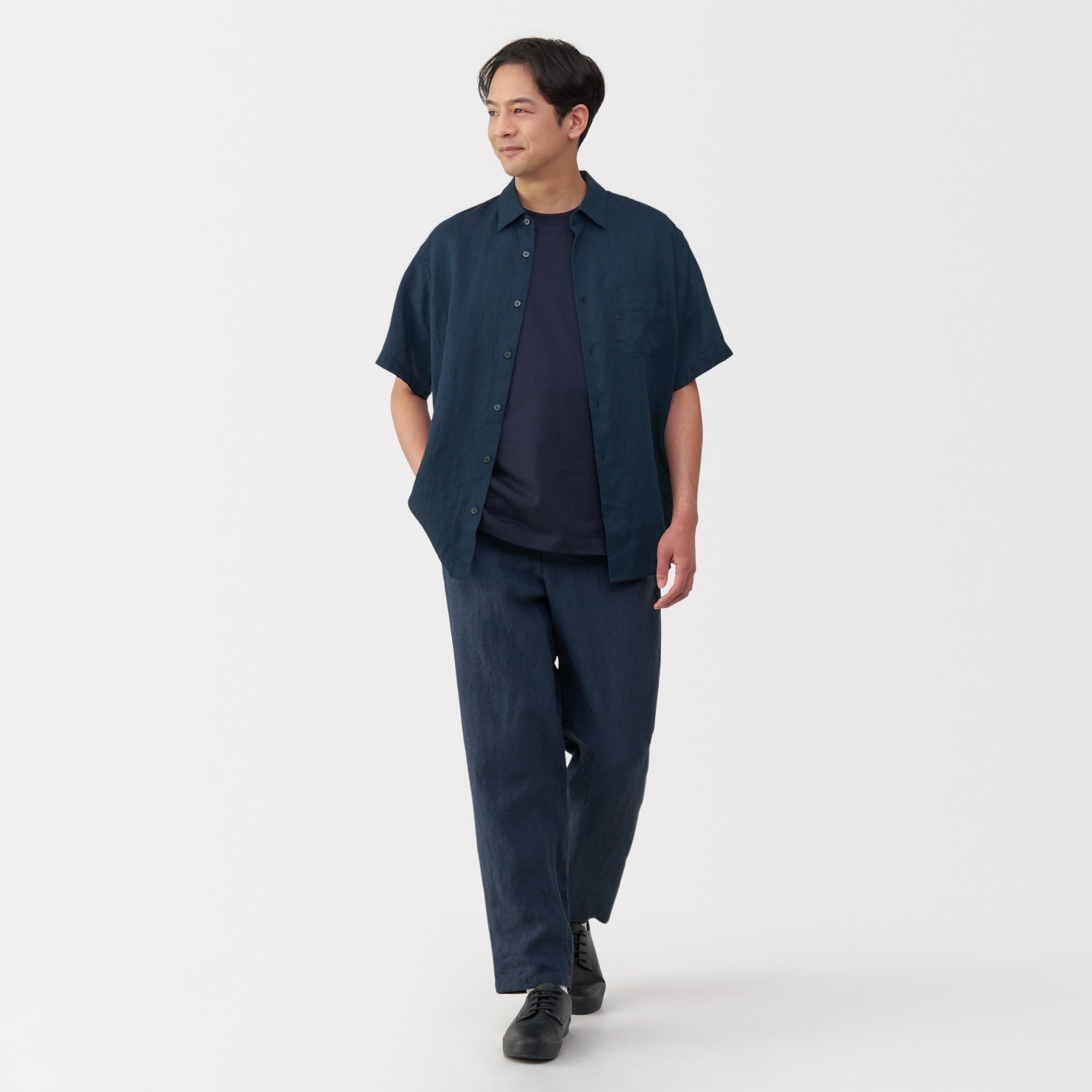 紳士　リネン洗いざらし半袖シャツ