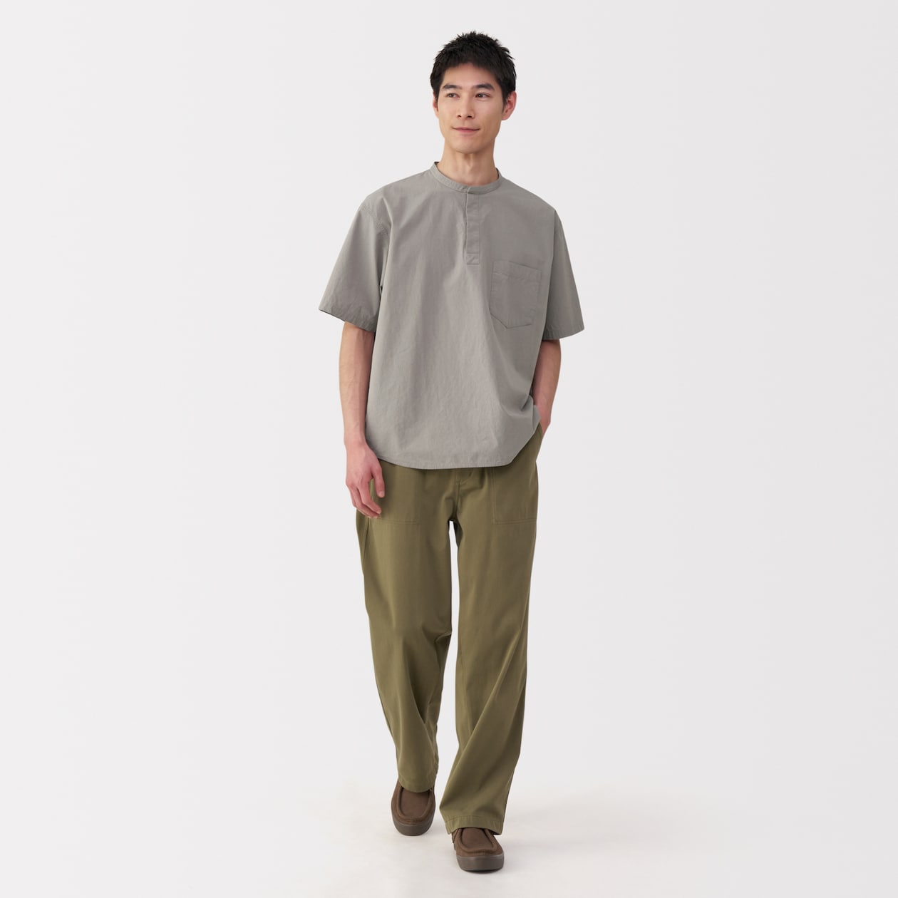 紳士　涼感ヘンリーネック半袖布帛Ｔシャツ