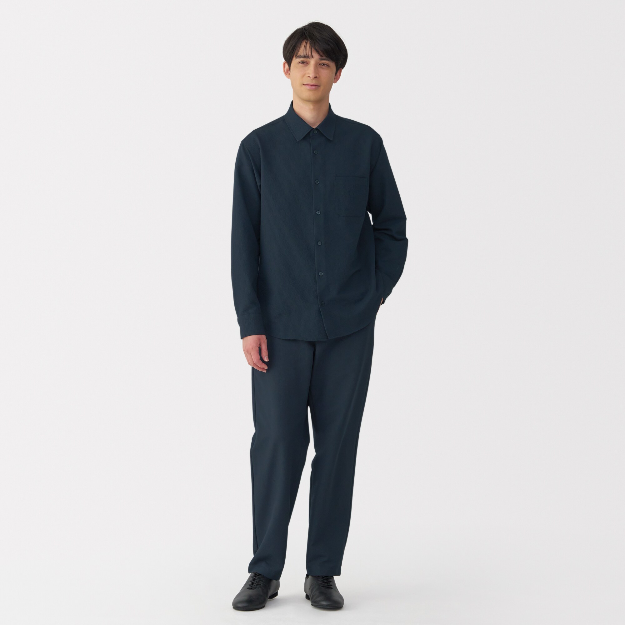 MUJI 無印良品 シアサッカー 洗える トラベルスーツ ネイビー Sサイズ MUJI (無印良品) - 無印良品 ストレッチサッカージャケット シア