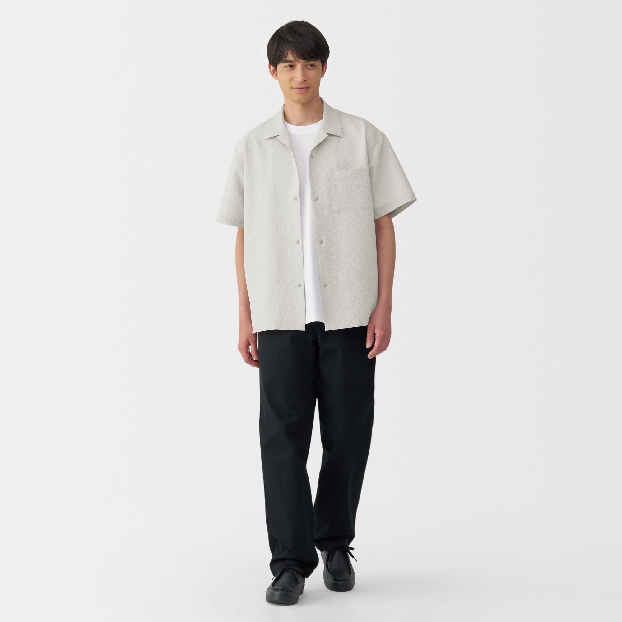 紳士　風を通すストレッチサッカーオープンカラー半袖シャツ