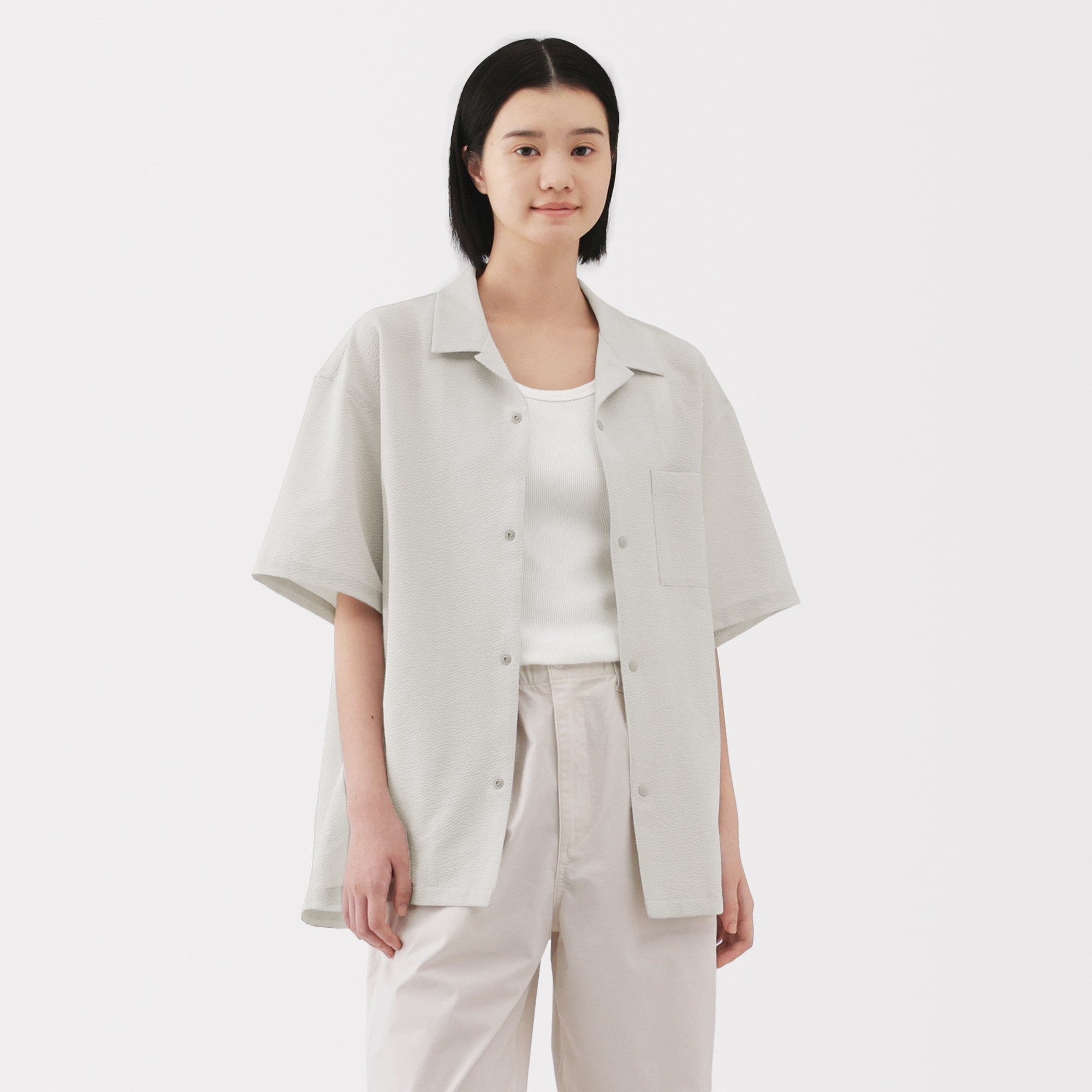 紳士　風を通すストレッチサッカーオープンカラー半袖シャツ