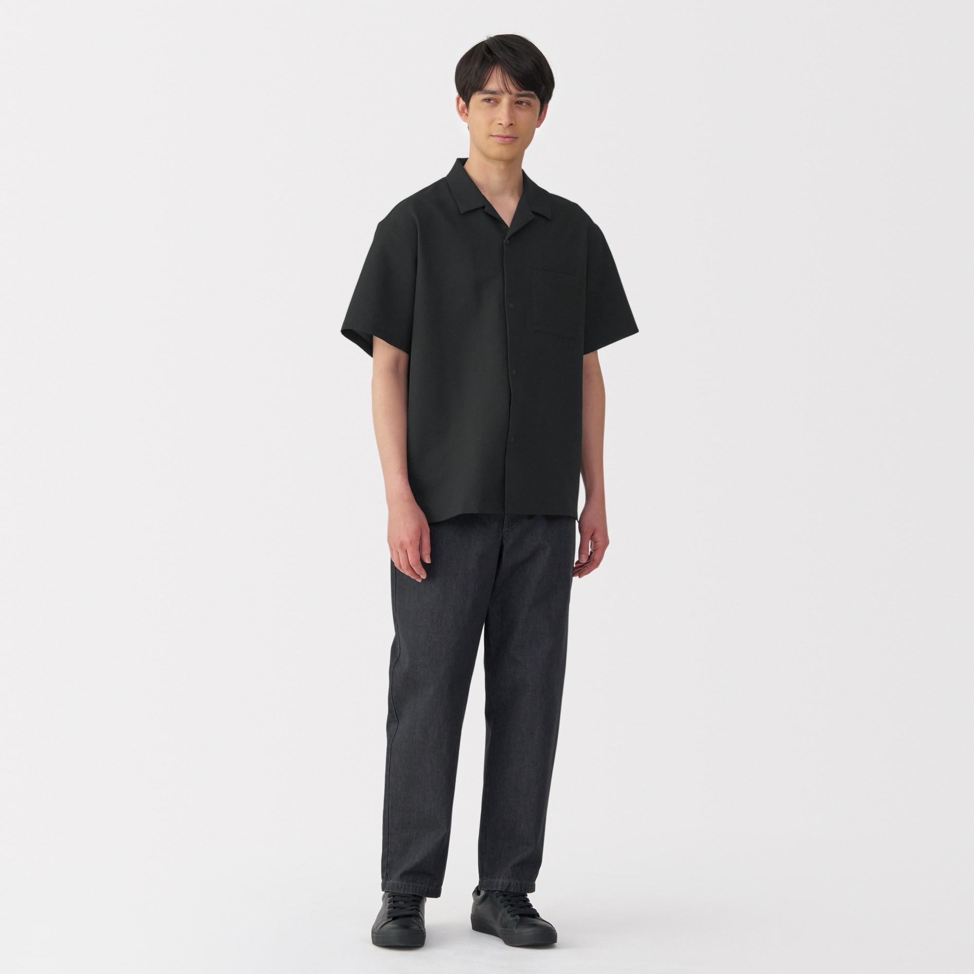 紳士　風を通すストレッチサッカーオープンカラー半袖シャツ