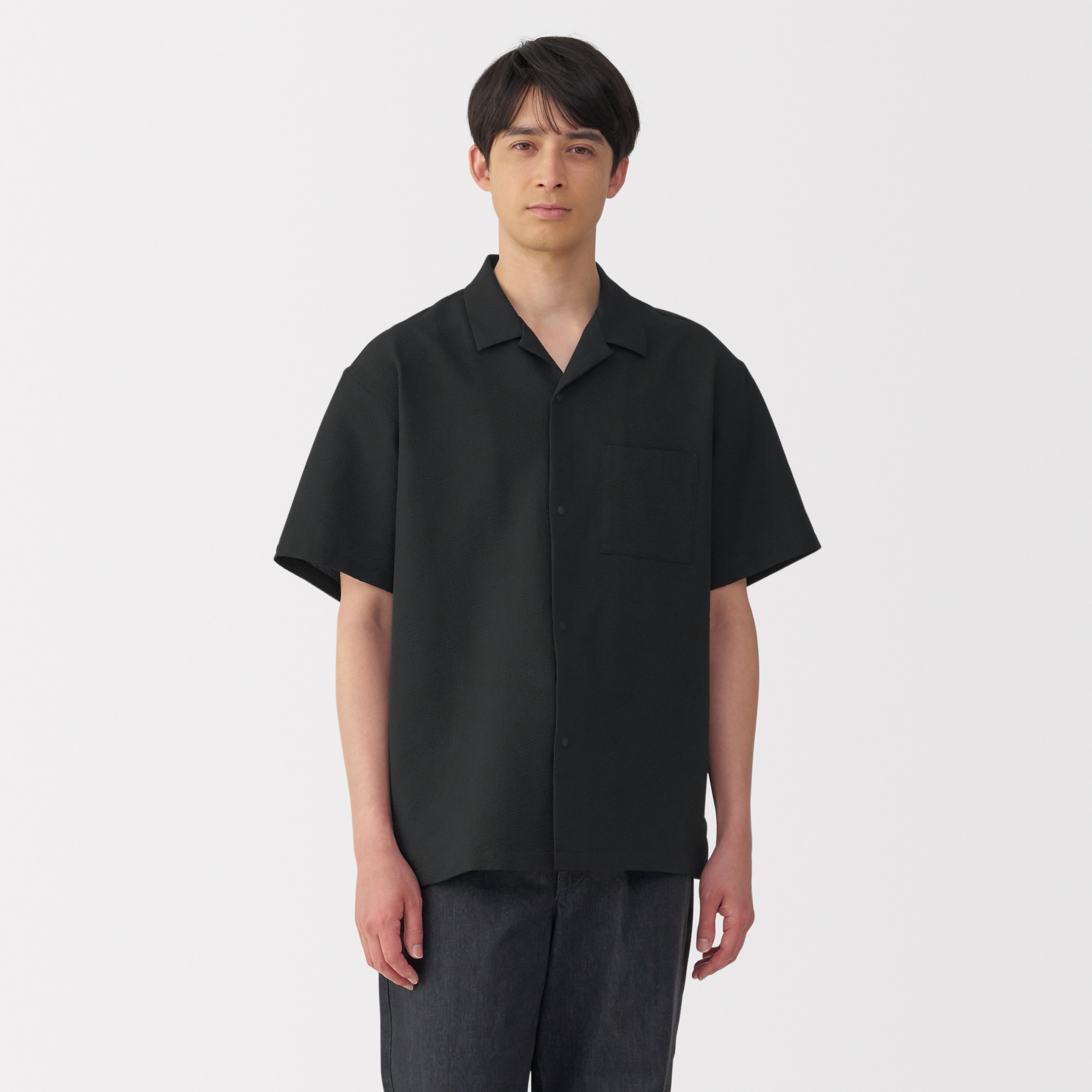 紳士　風を通すストレッチサッカーオープンカラー半袖シャツ