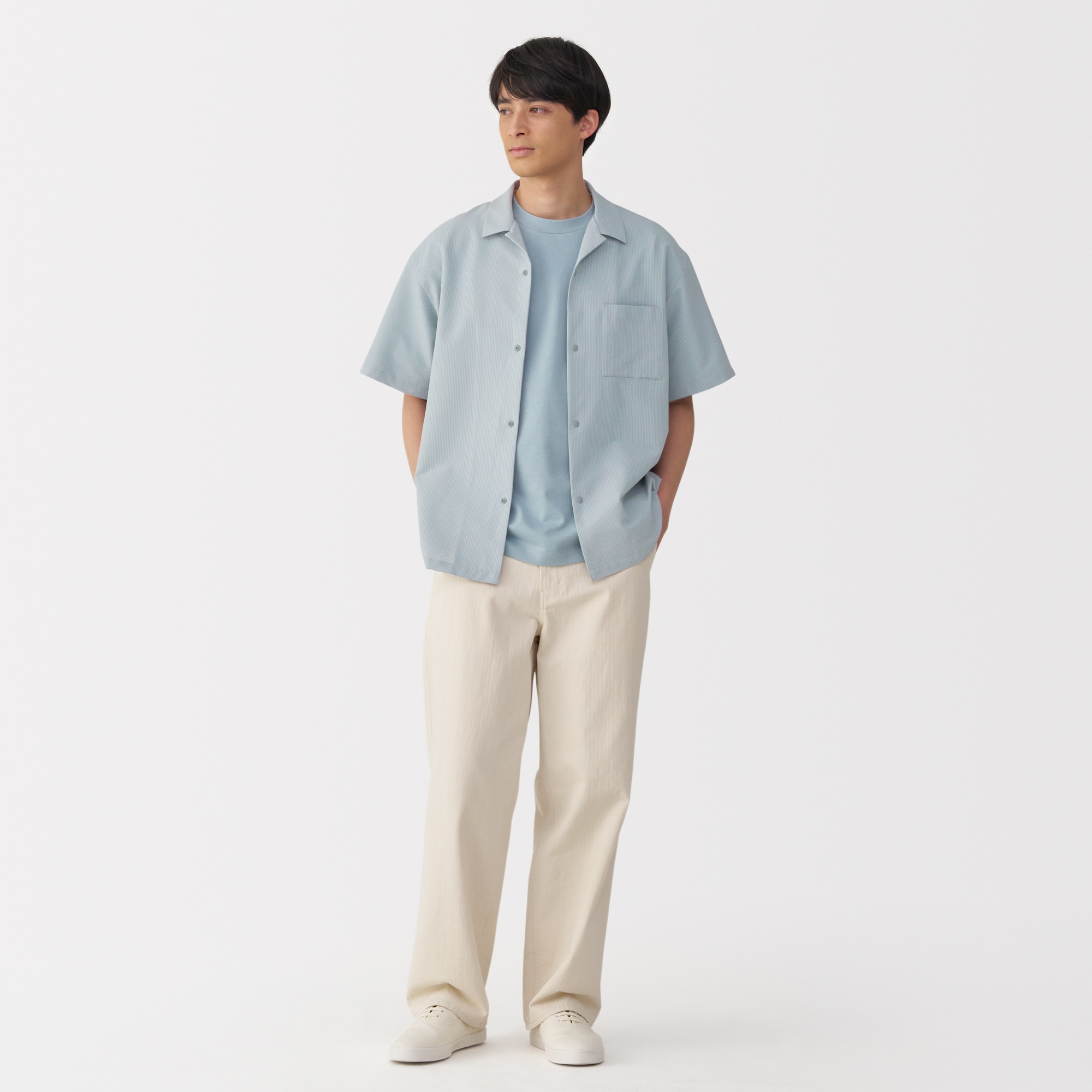 紳士　風を通すストレッチサッカーオープンカラー半袖シャツ