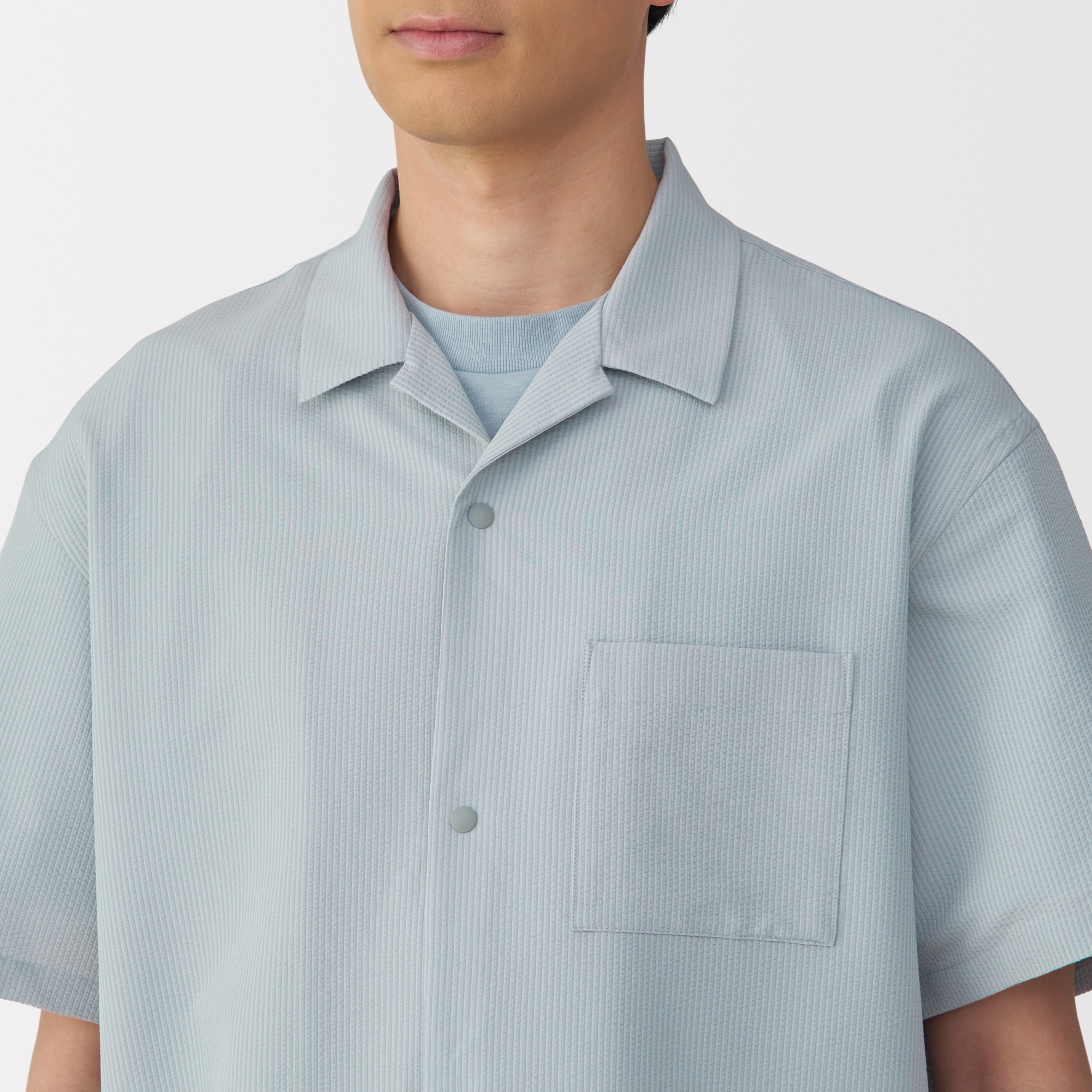 紳士　風を通すストレッチサッカーオープンカラー半袖シャツ