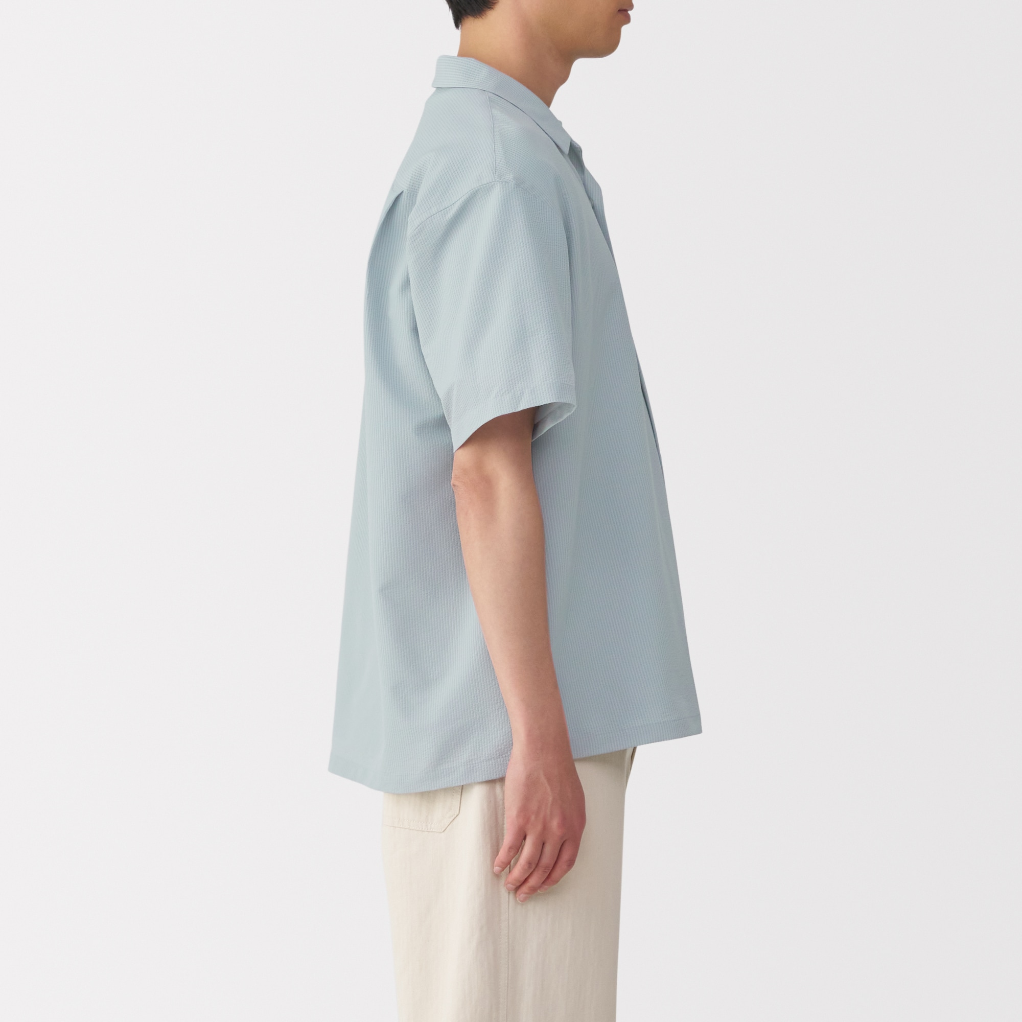 紳士　風を通すストレッチサッカーオープンカラー半袖シャツ