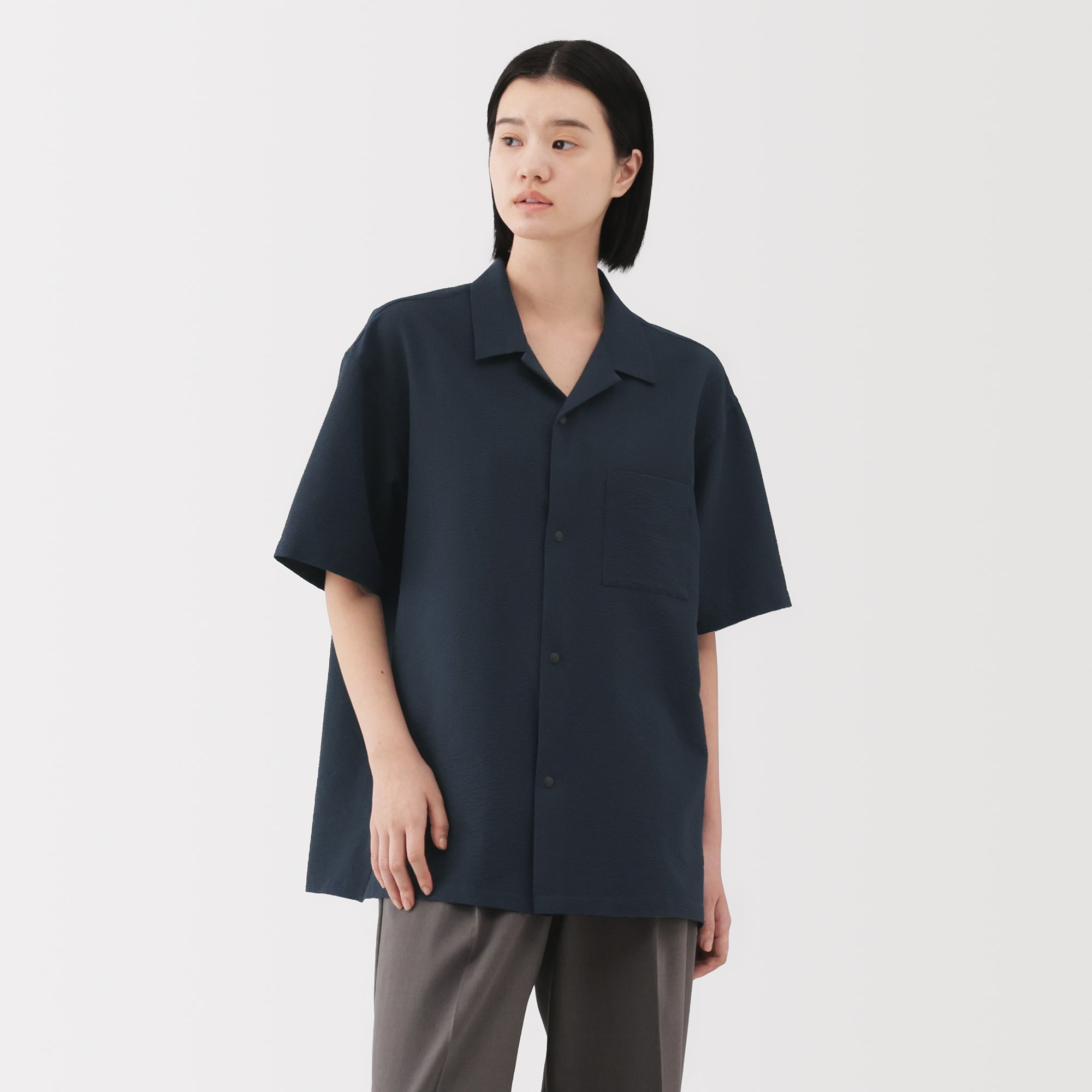 紳士　風を通すストレッチサッカーオープンカラー半袖シャツ