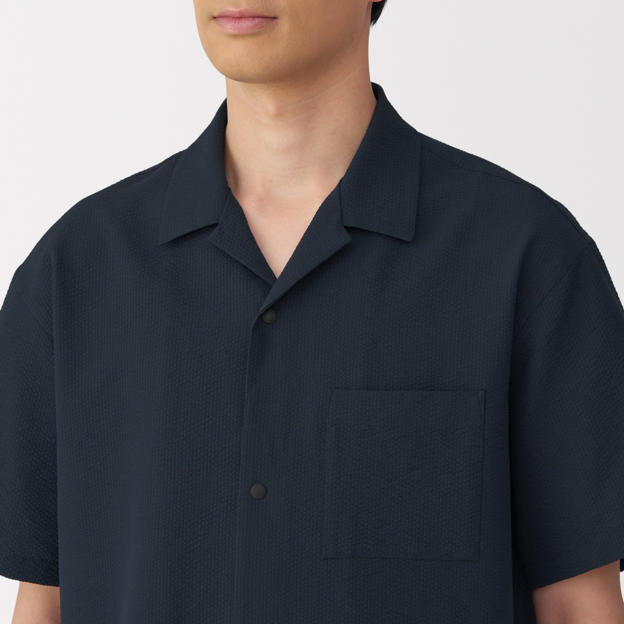 紳士　風を通すストレッチサッカーオープンカラー半袖シャツ