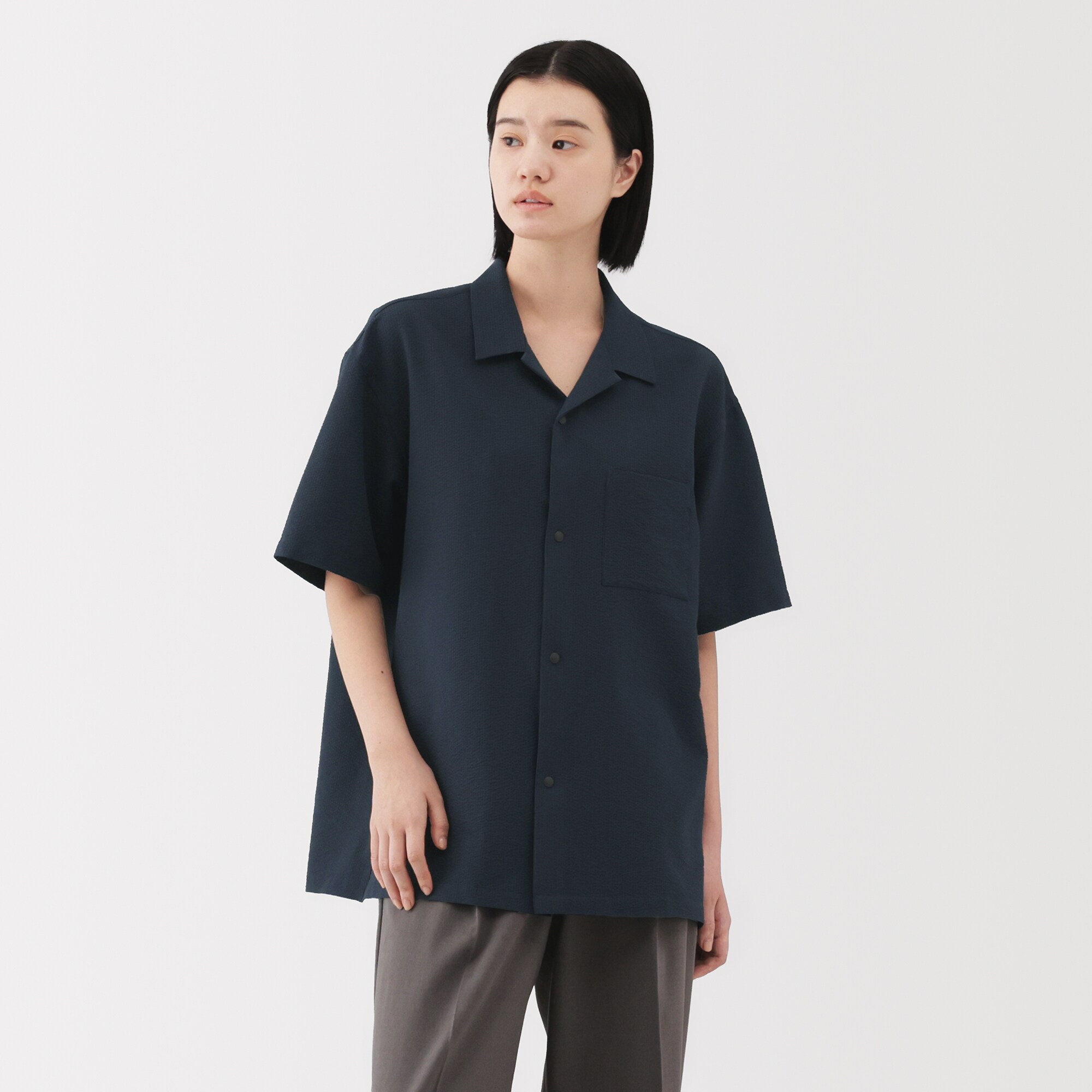 紳士 風を通すストレッチサッカーオープンカラー半袖シャツ | 無印良品