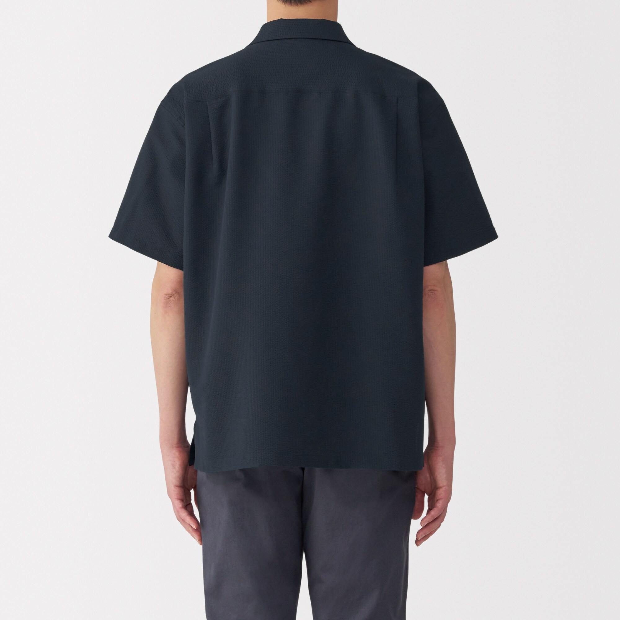 紳士　風を通すストレッチサッカーオープンカラー半袖シャツ