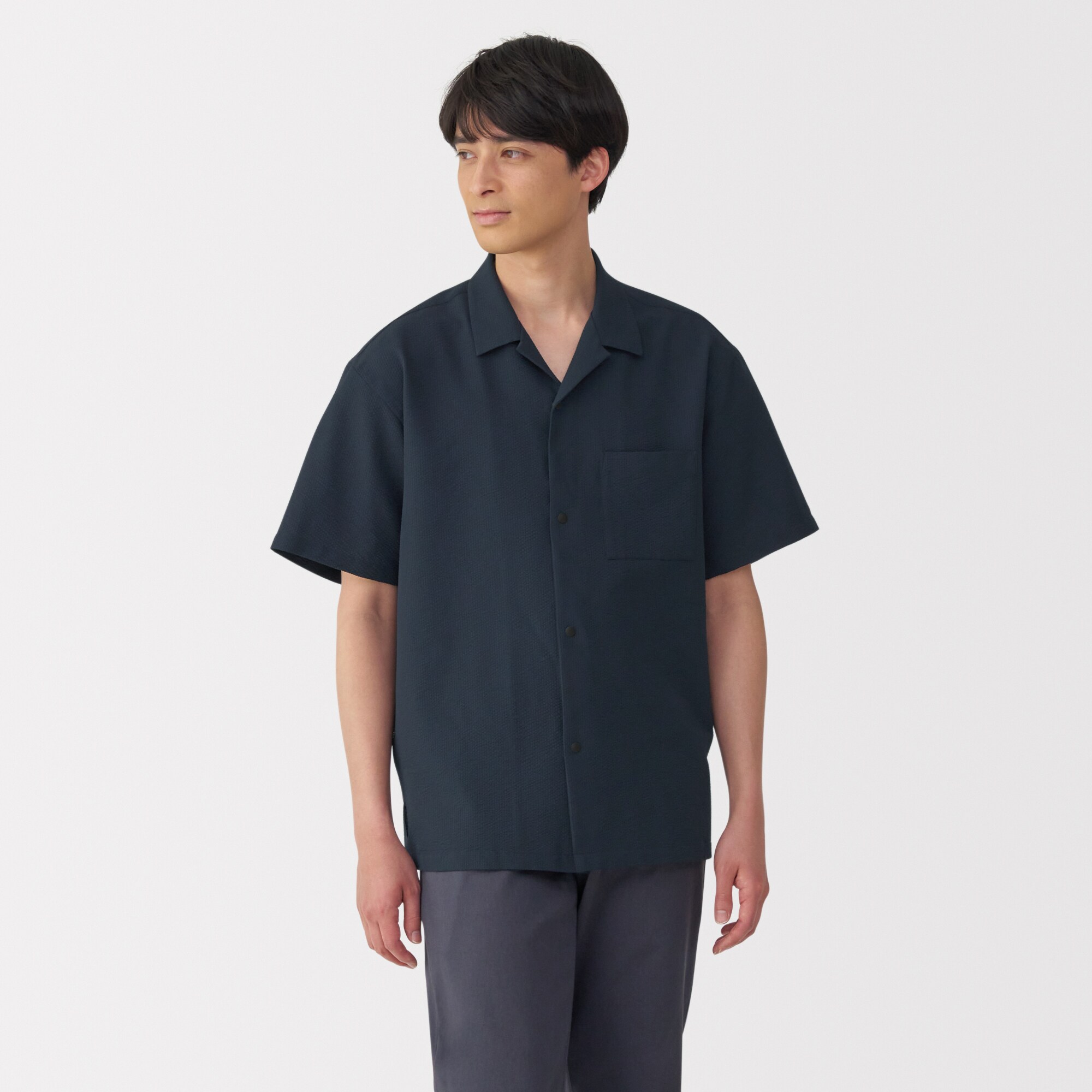 紳士　風を通すストレッチサッカーオープンカラー半袖シャツ