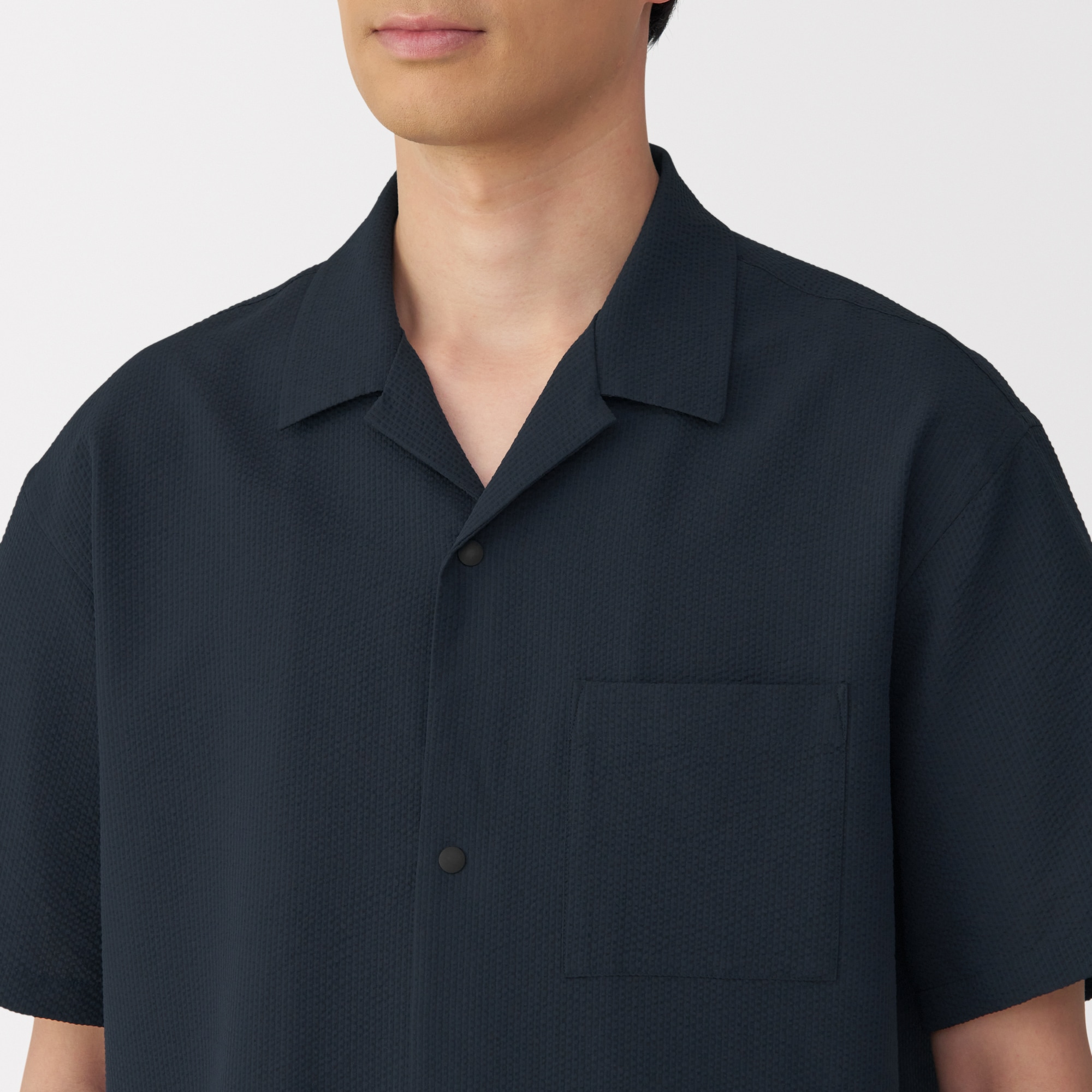 紳士　風を通すストレッチサッカーオープンカラー半袖シャツ