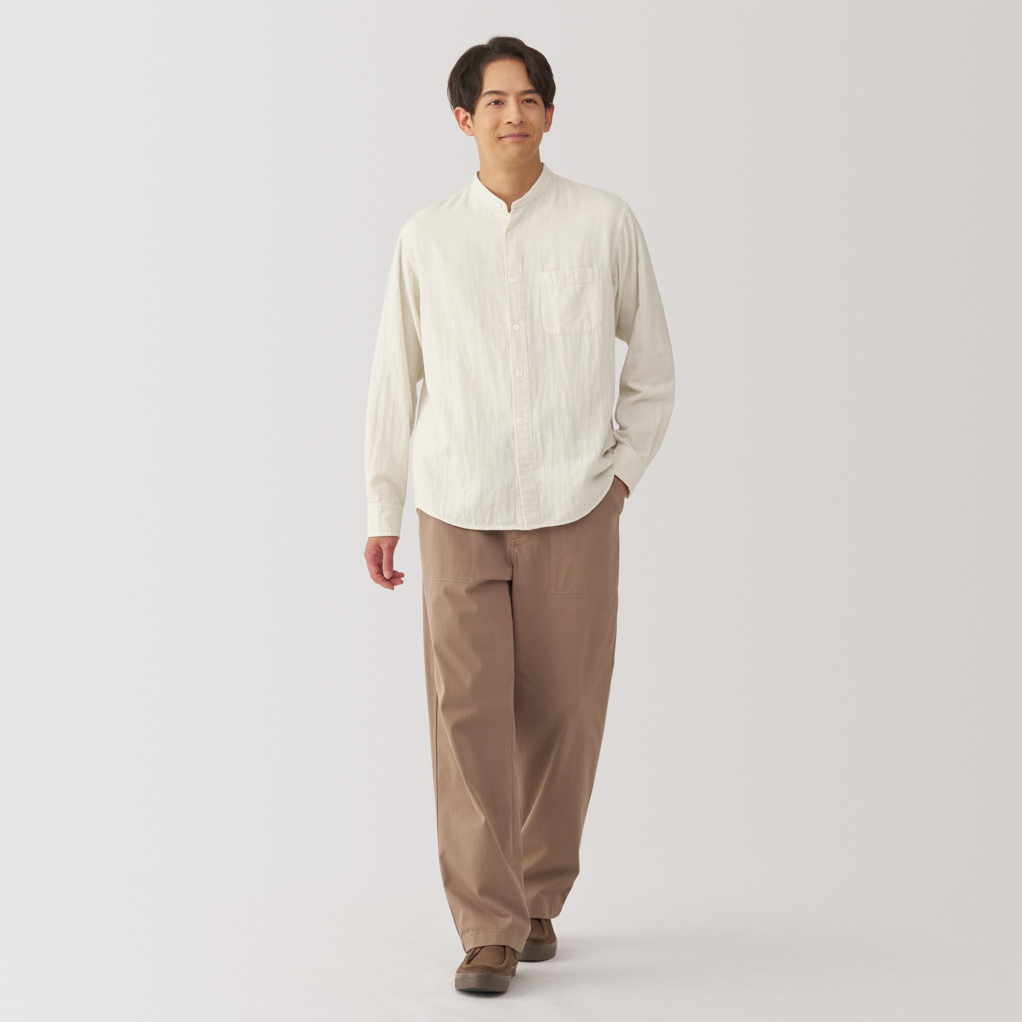 紳士 カポック混二重ガーゼスタンドカラー長袖シャツ | 無印良品