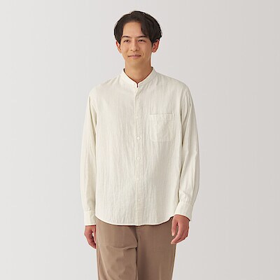 紳士　カポック混二重ガーゼスタンドカラー長袖シャツ