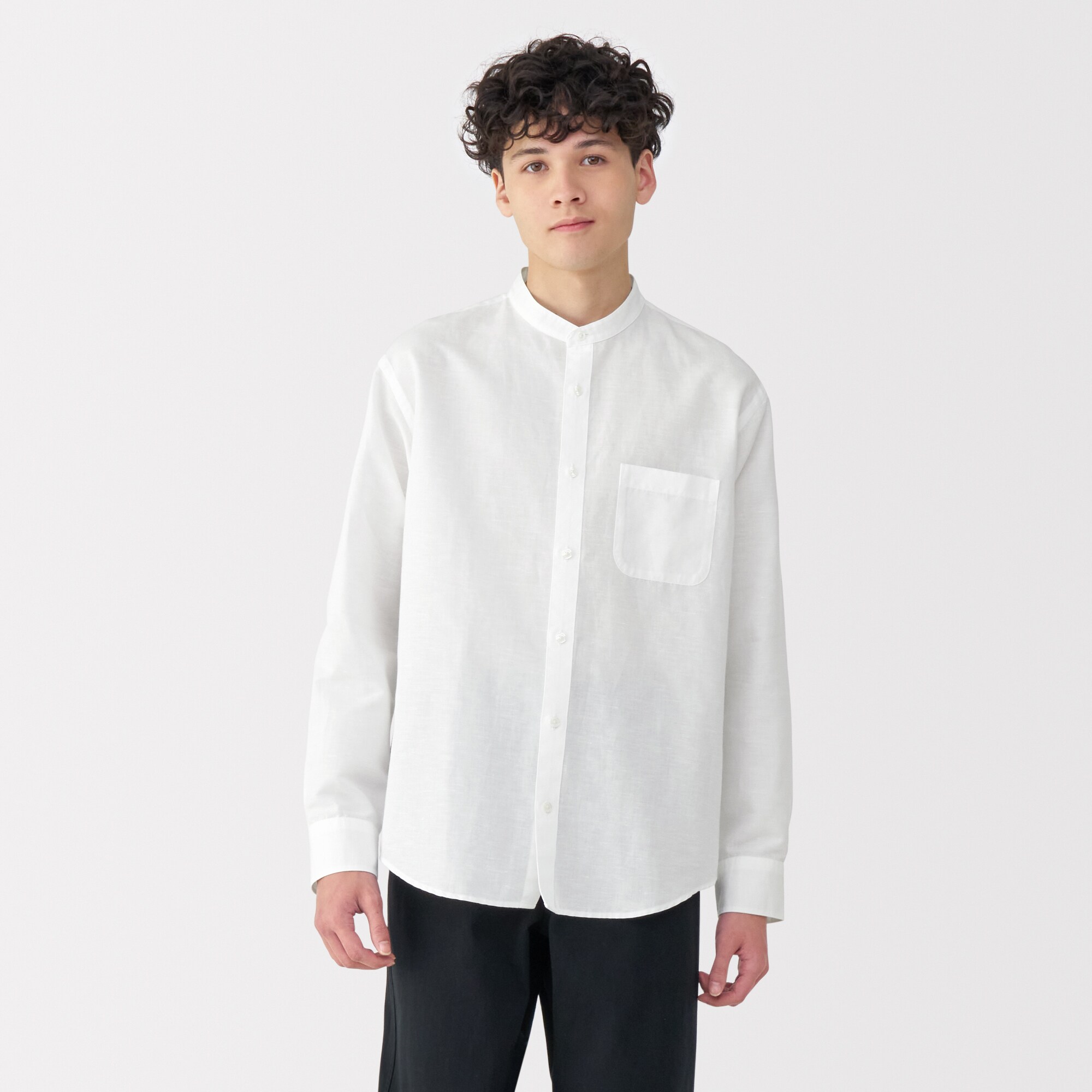 紳士　ヘンプコットンスタンドカラー長袖シャツ