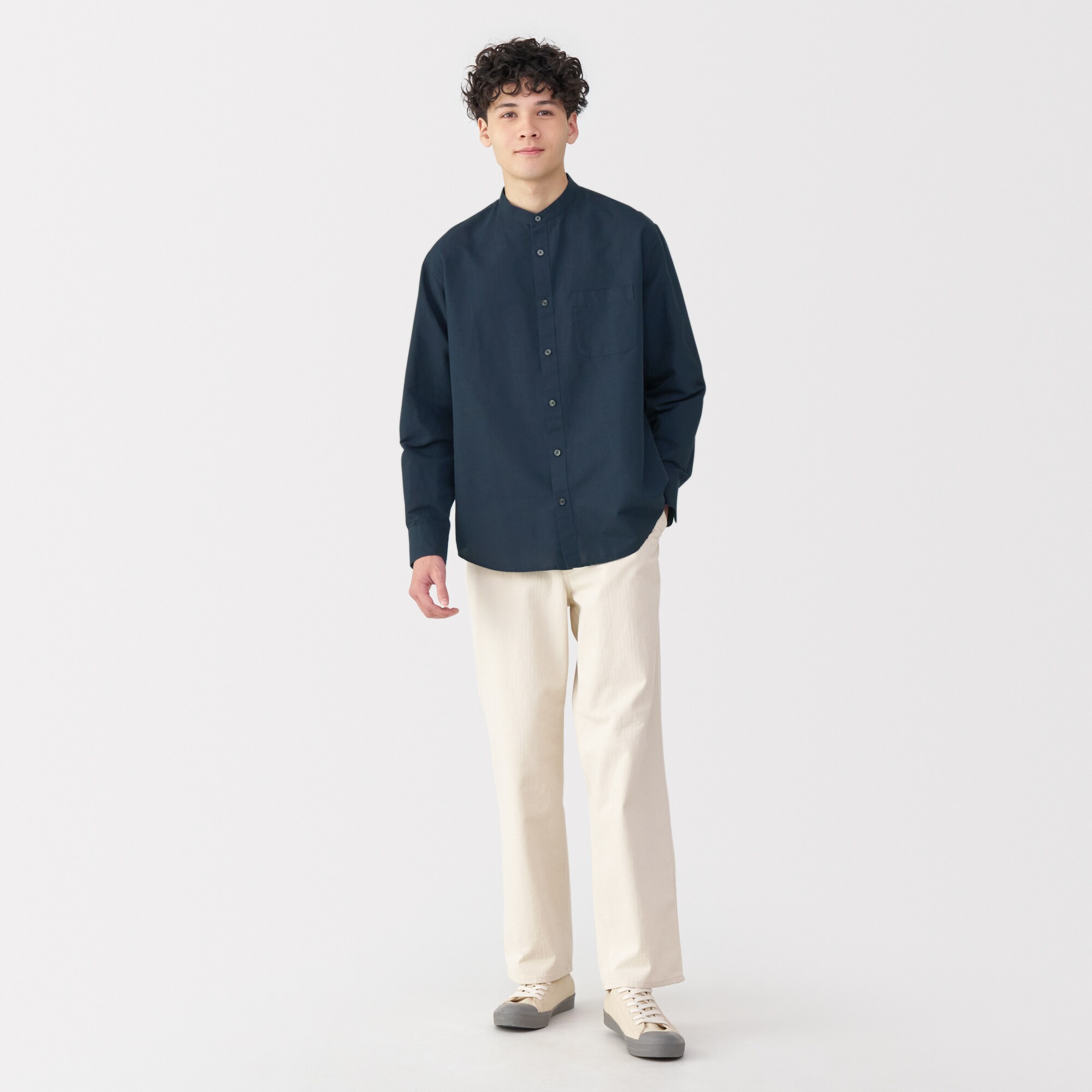 紳士　ヘンプコットンスタンドカラー長袖シャツ
