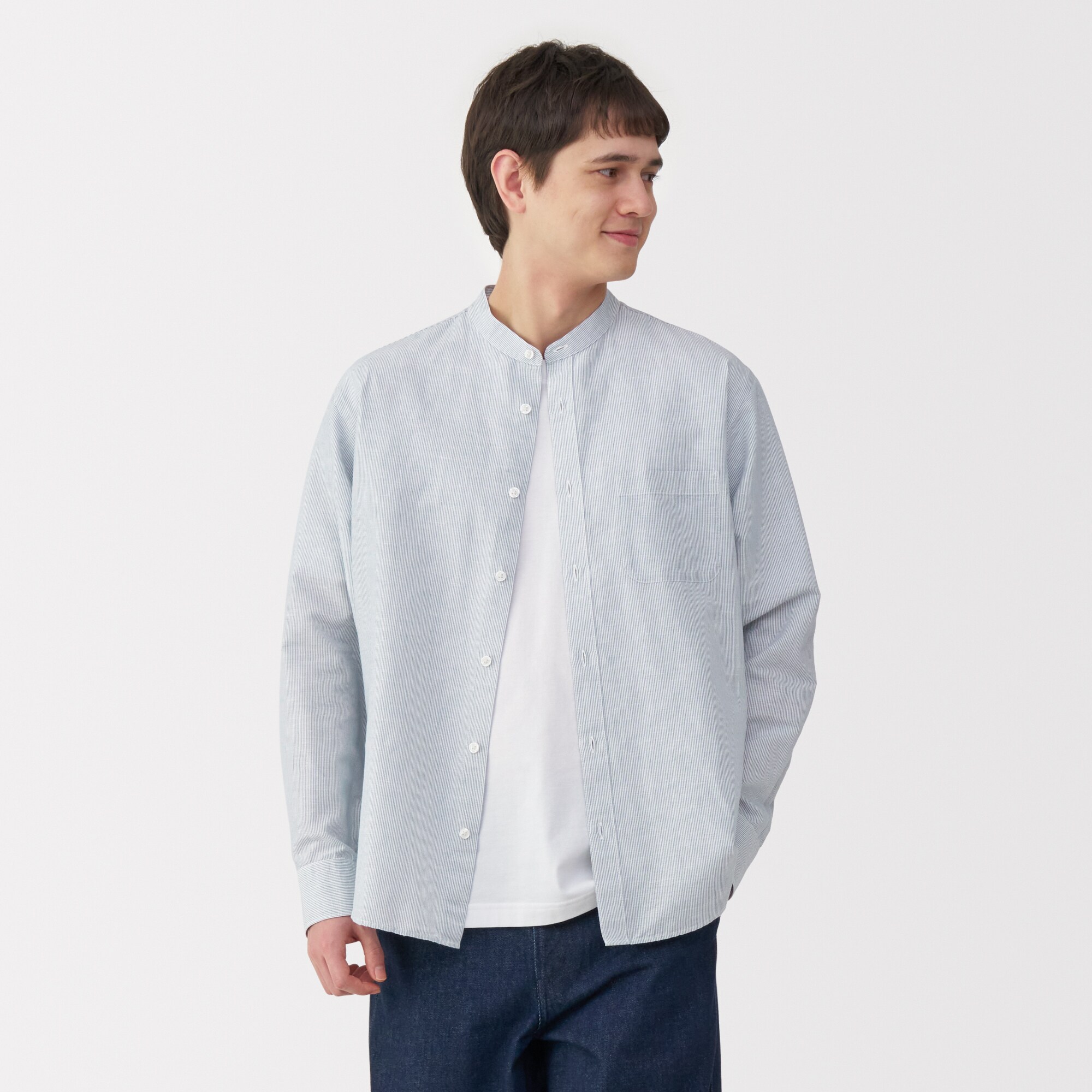 紳士　ヘンプコットンスタンドカラー長袖シャツ