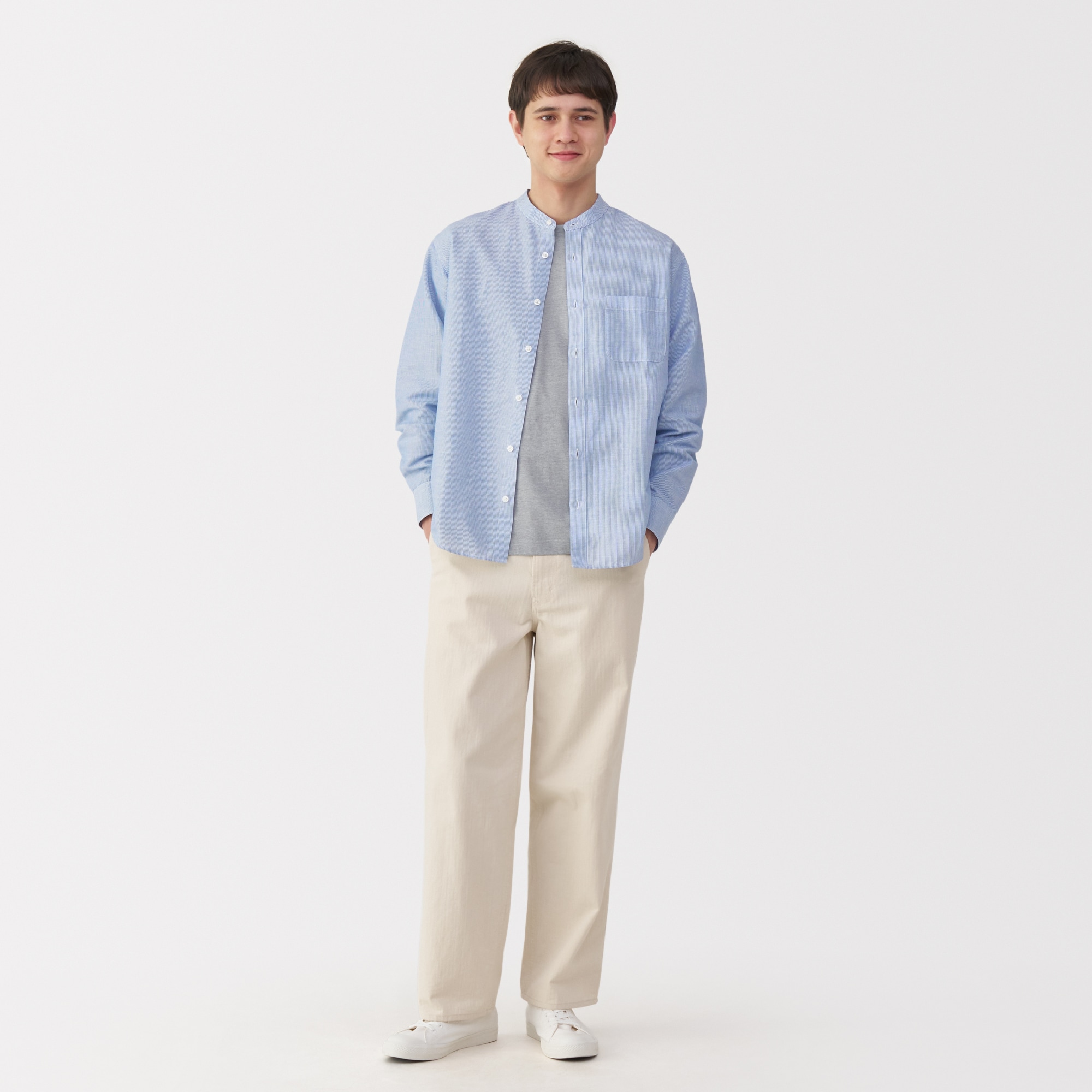 紳士　ヘンプコットンスタンドカラー長袖シャツ