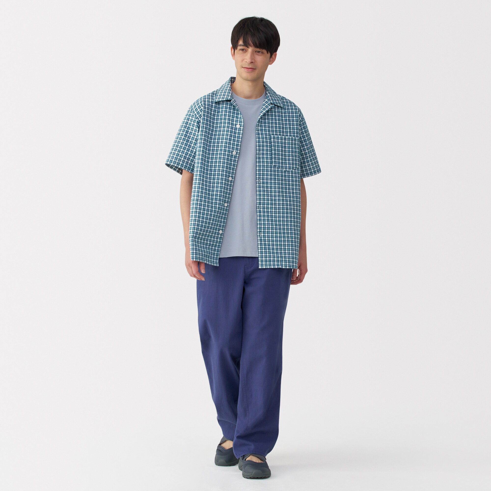 紳士　マドラスチェックオープンカラー半袖シャツ