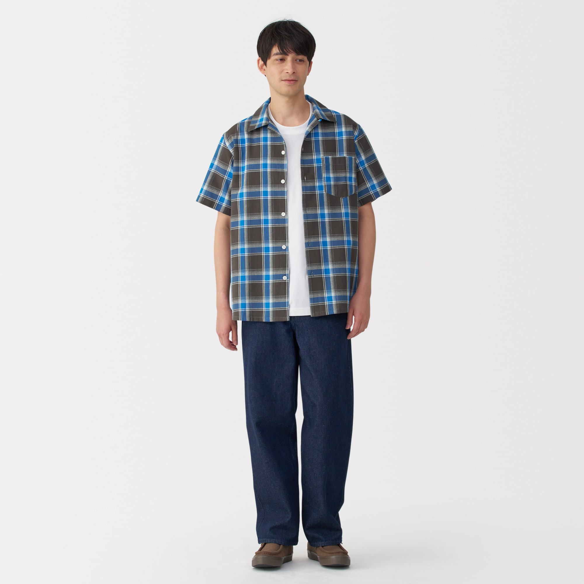 紳士　マドラスチェックオープンカラー半袖シャツ