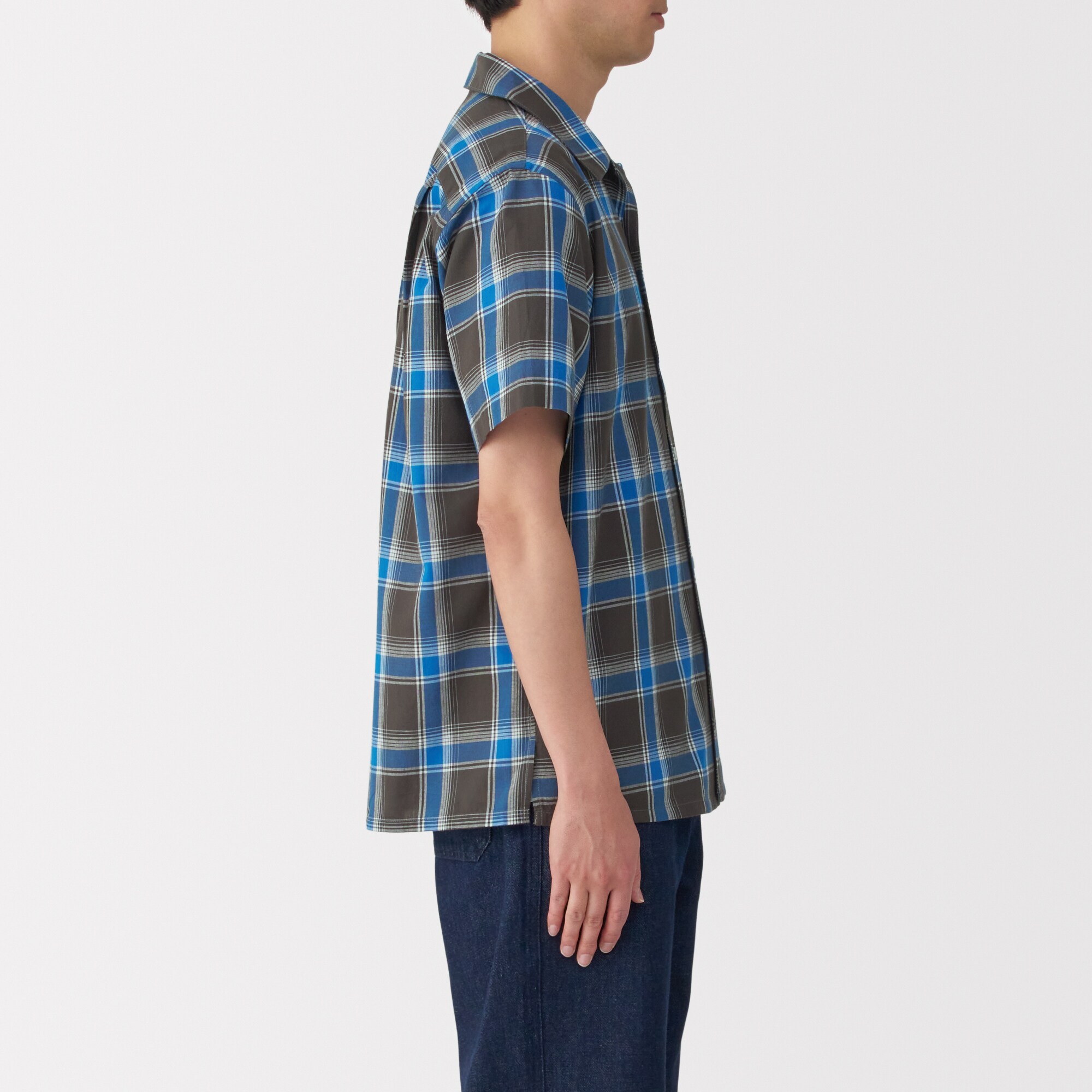 紳士　マドラスチェックオープンカラー半袖シャツ