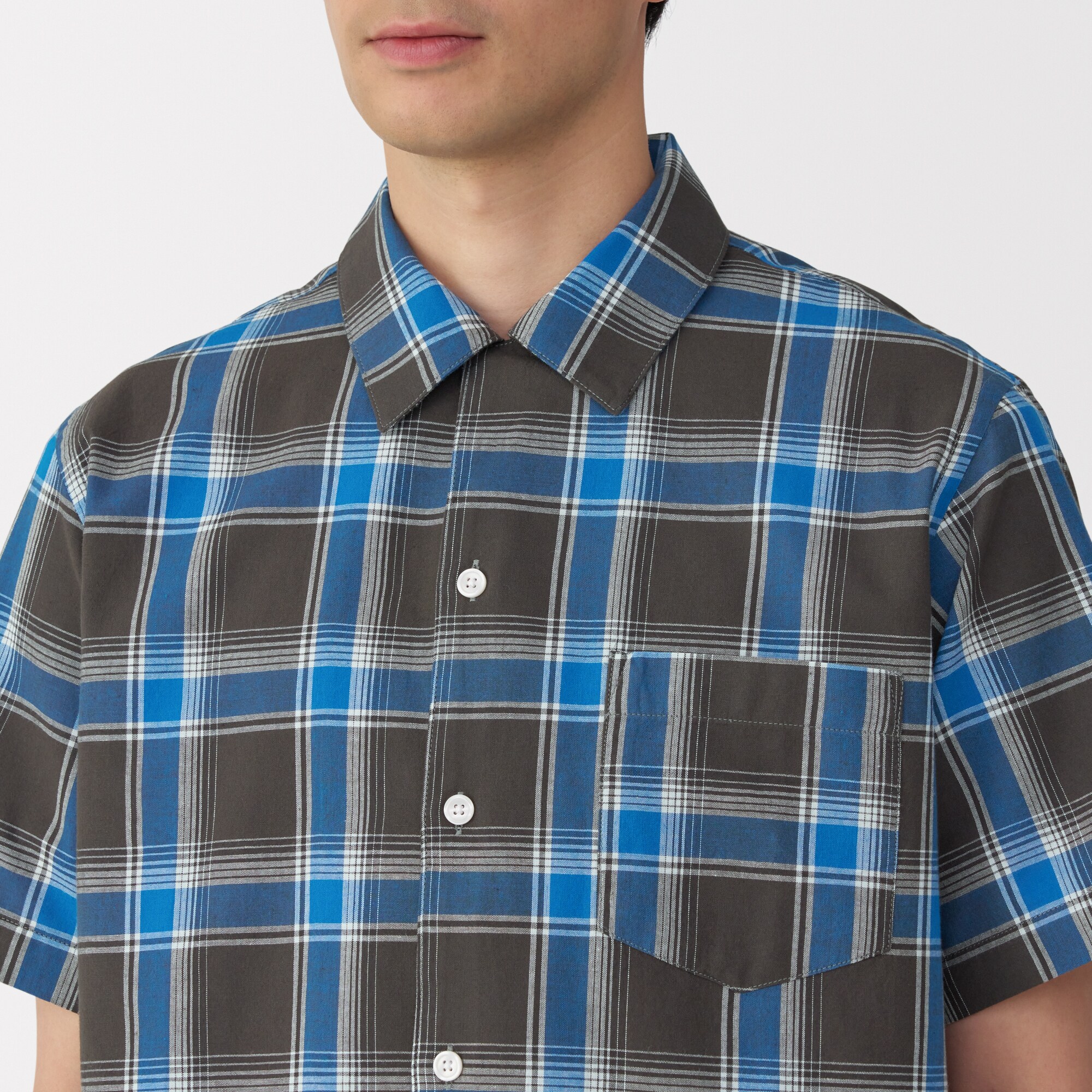 紳士　マドラスチェックオープンカラー半袖シャツ