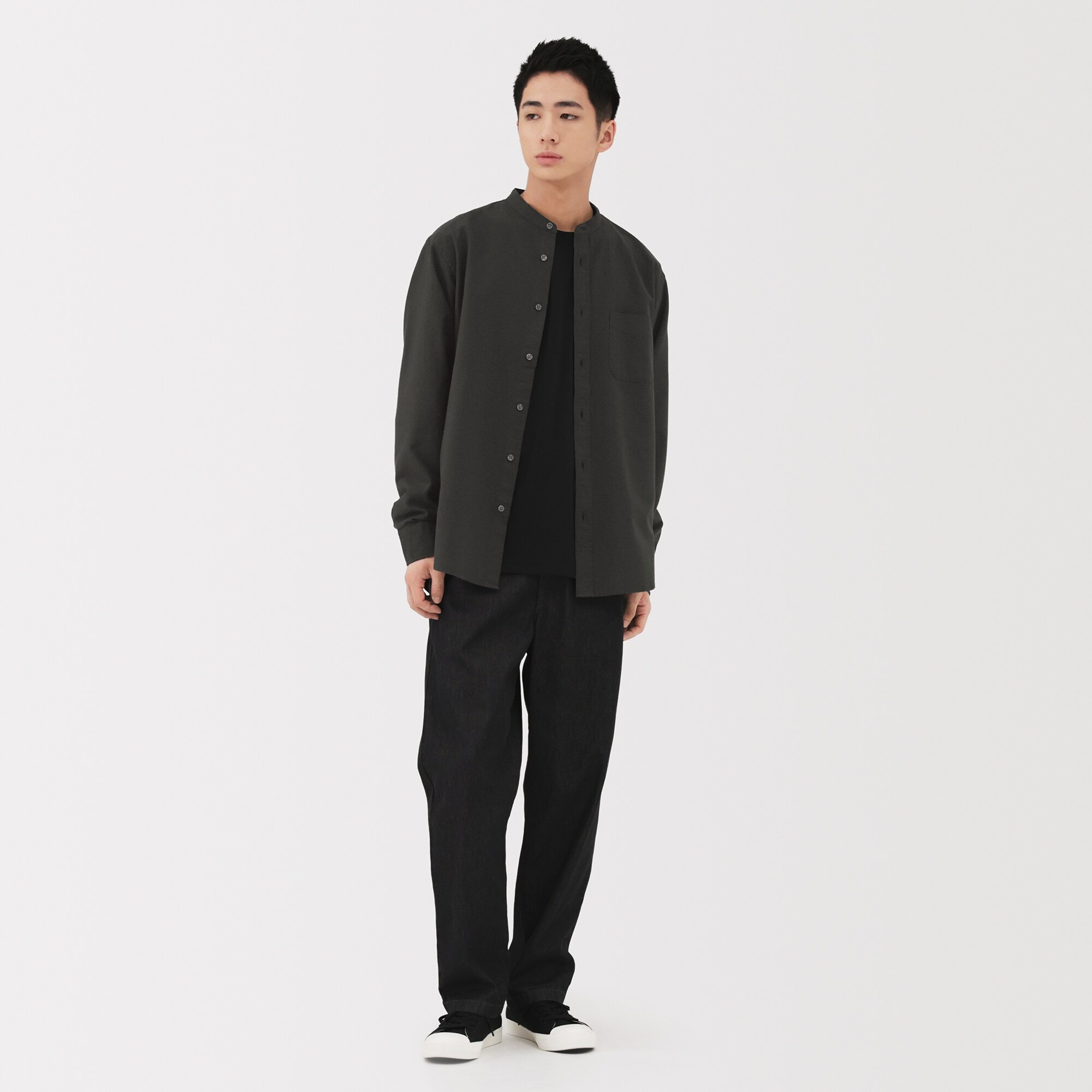 紳士　洗いざらしオックススタンドカラー長袖シャツ