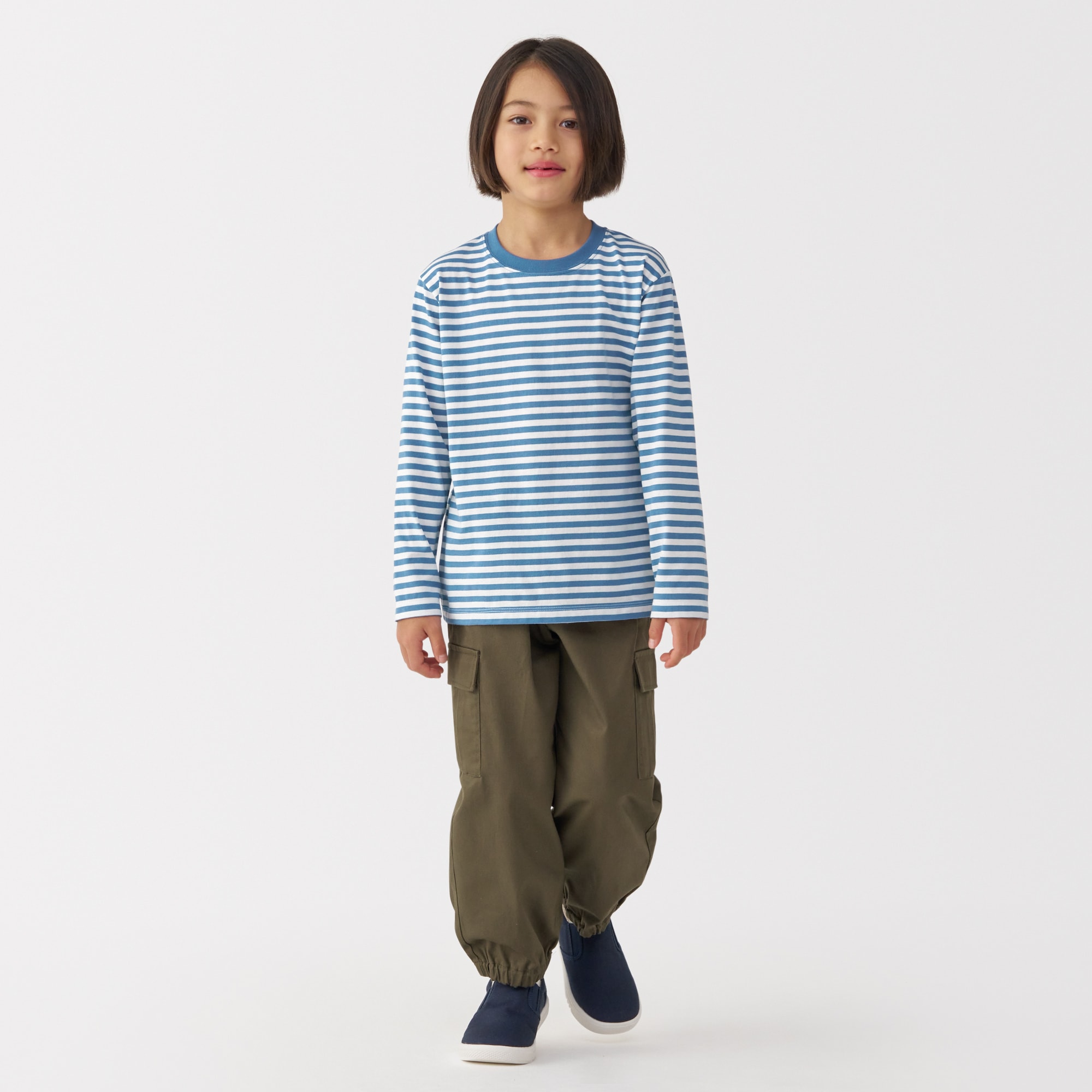 キッズ　天竺編みクルーネック長袖Ｔシャツ　ボーダー