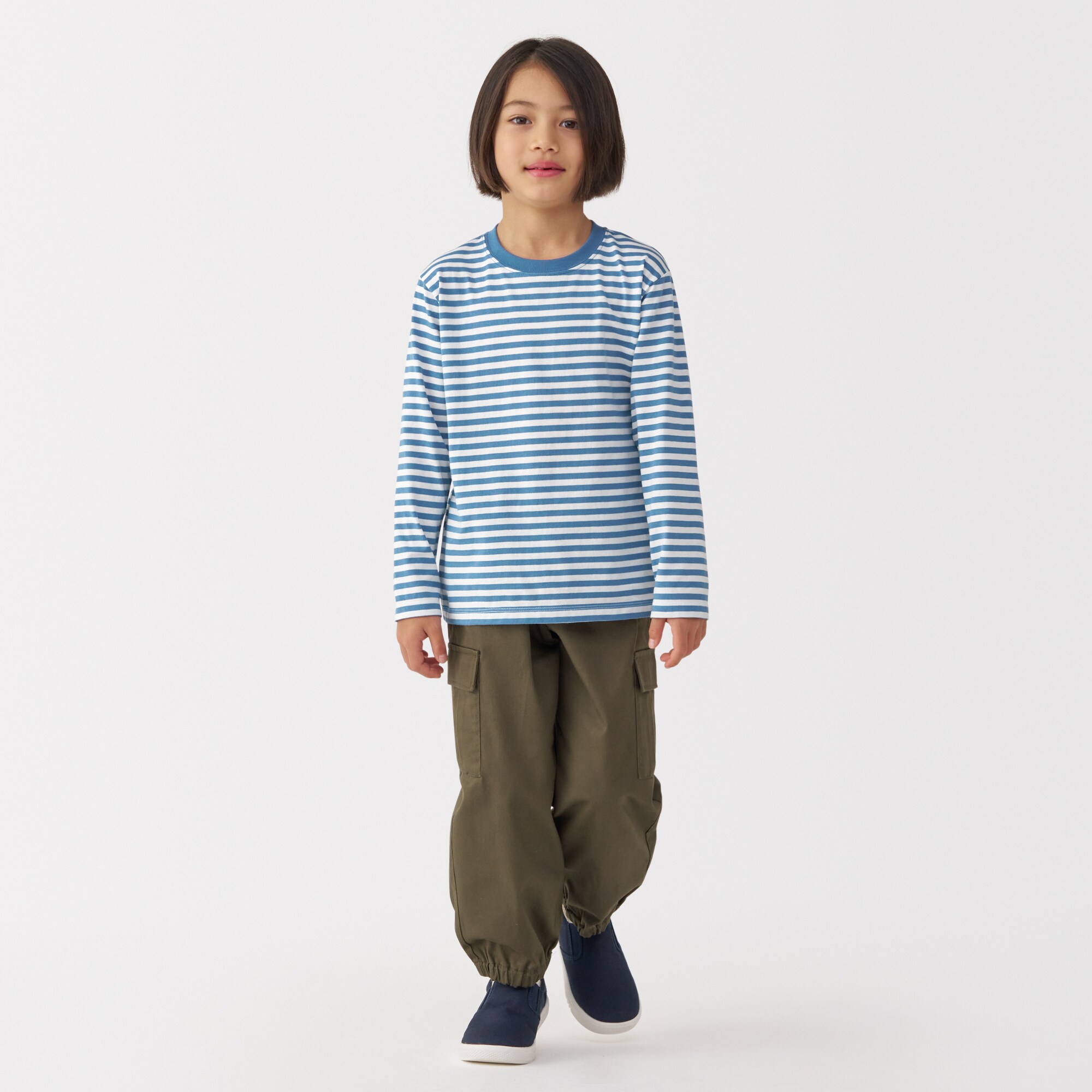 キッズ　天竺編みクルーネック長袖Ｔシャツ　ボーダー