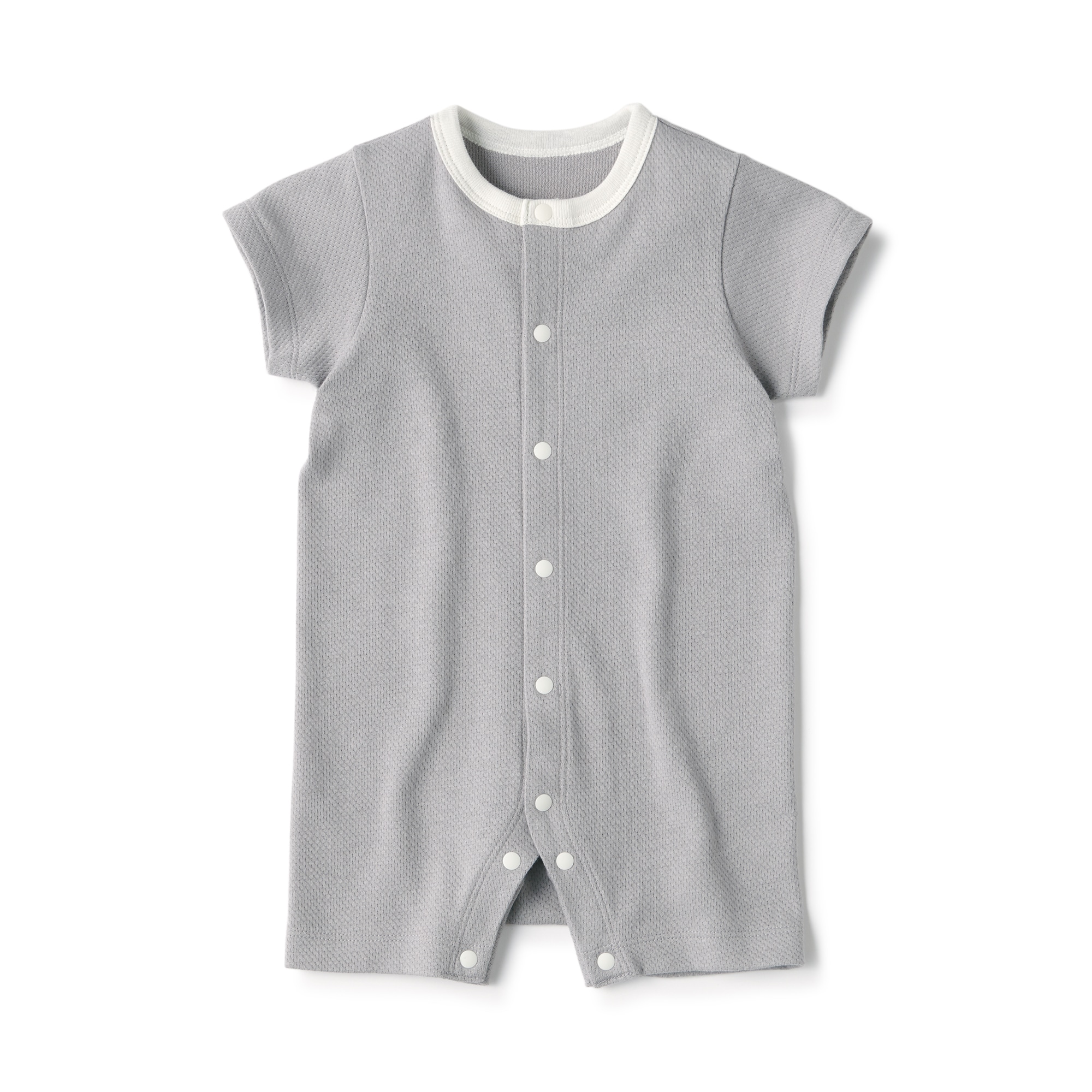 ベビー　脇に縫い目のない鹿の子編み半袖ショートオール