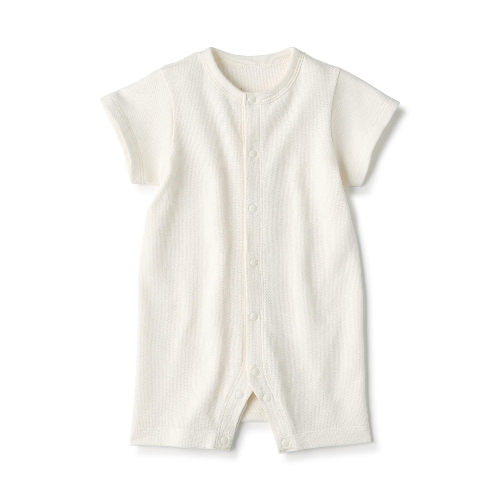 ベビー　脇に縫い目のない鹿の子編み半袖ショートオール