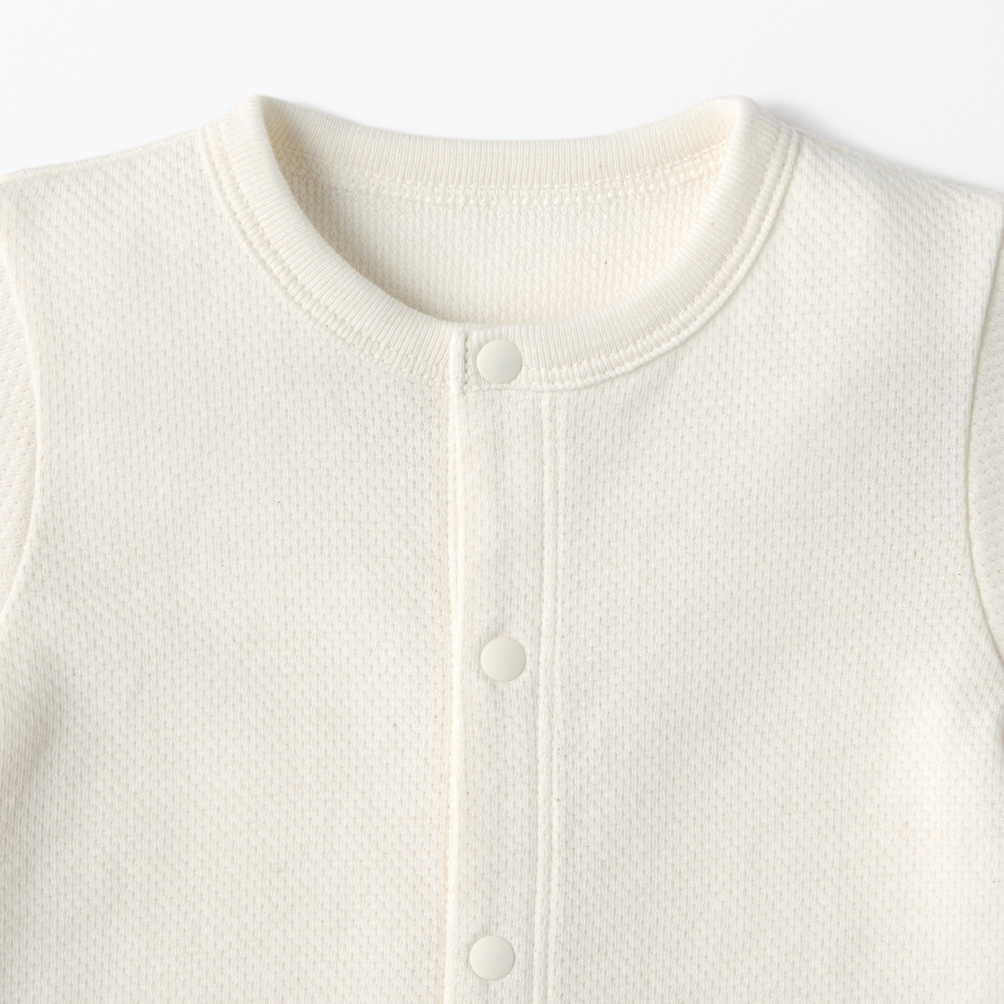 ベビー　脇に縫い目のない鹿の子編み半袖ショートオール