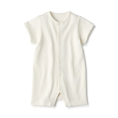 ベビー　脇に縫い目のない鹿の子編み半袖ショートオール