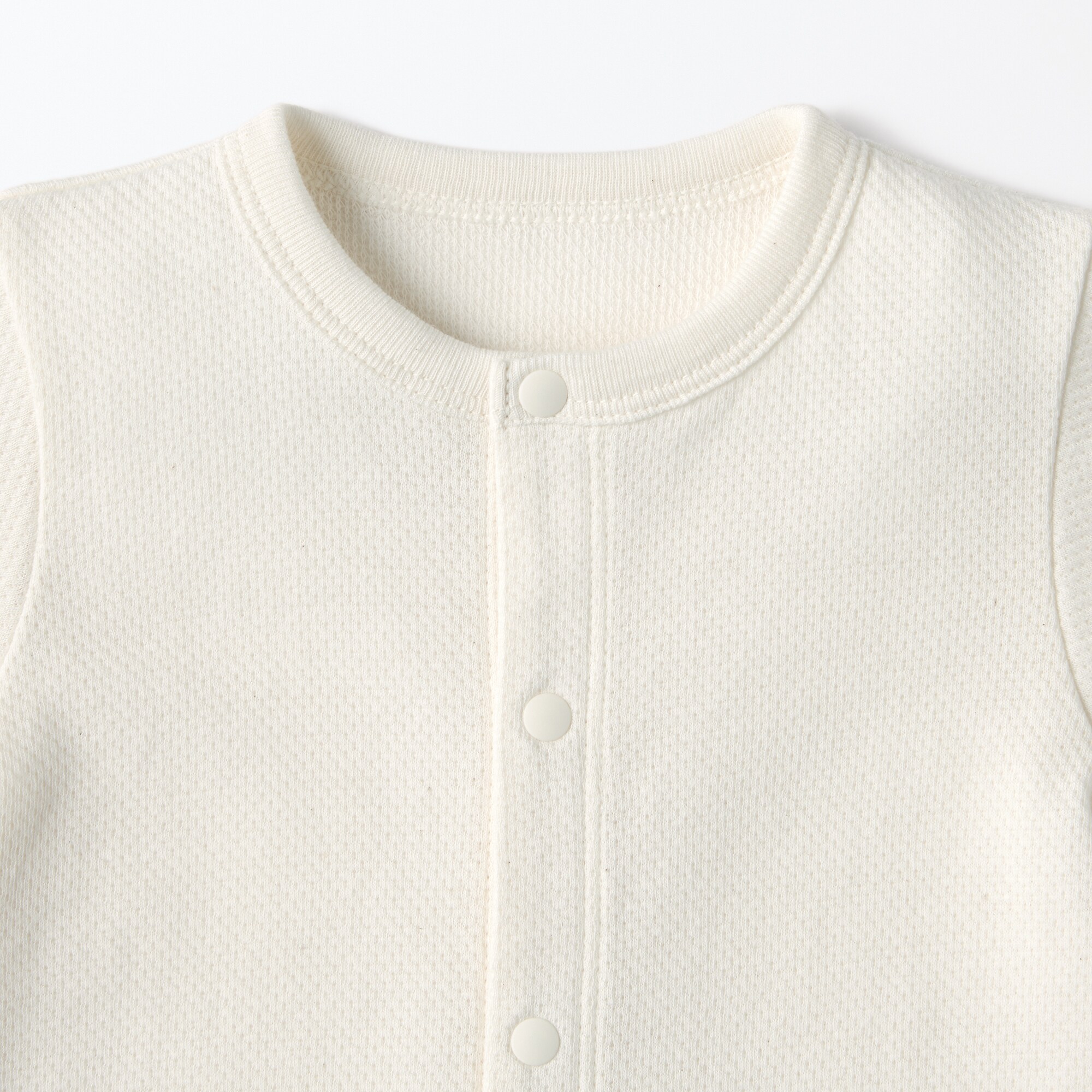 ベビー　脇に縫い目のない鹿の子編み半袖ショートオール