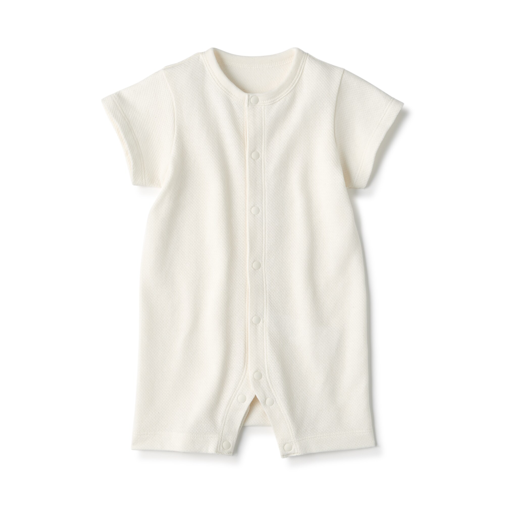 ベビー　脇に縫い目のない鹿の子編み半袖ショートオール