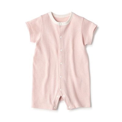 ベビー　脇に縫い目のない鹿の子編み半袖ショートオール