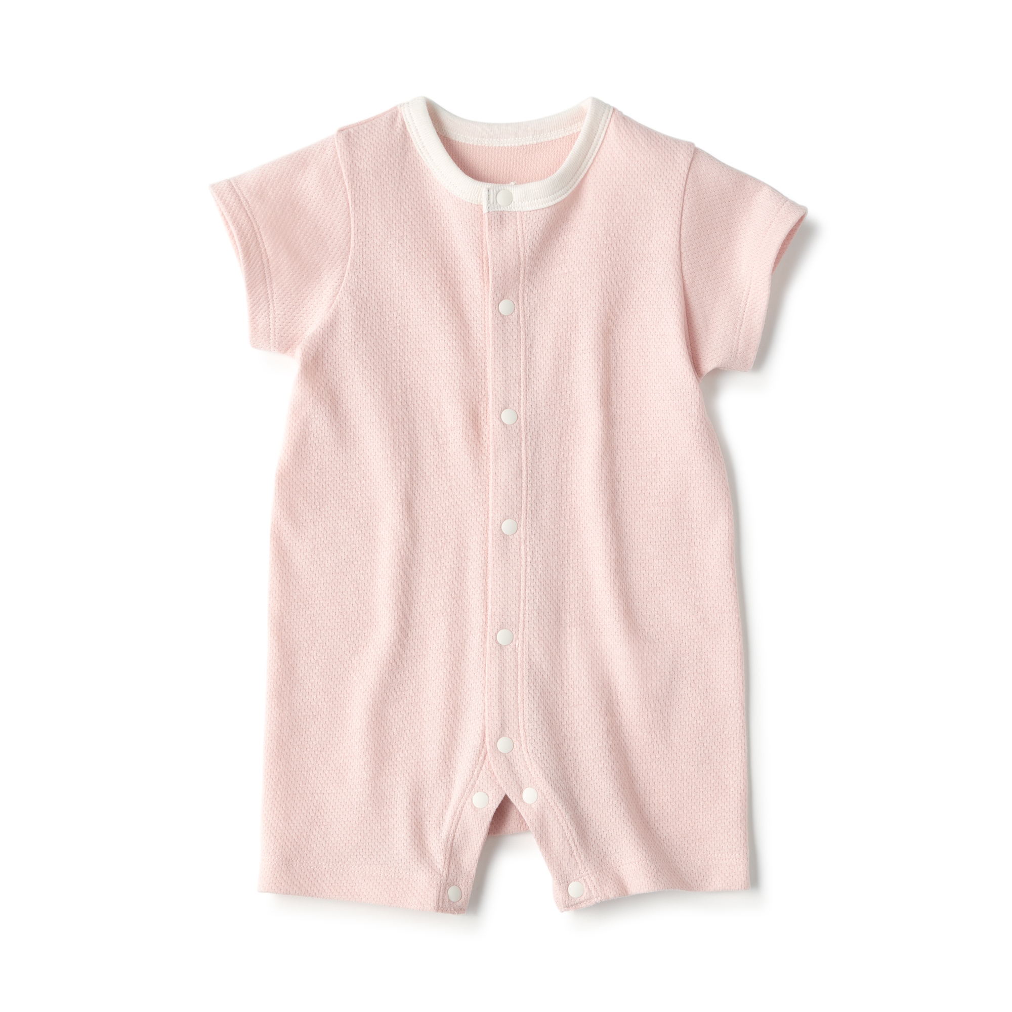 ベビー　脇に縫い目のない鹿の子編み半袖ショートオール