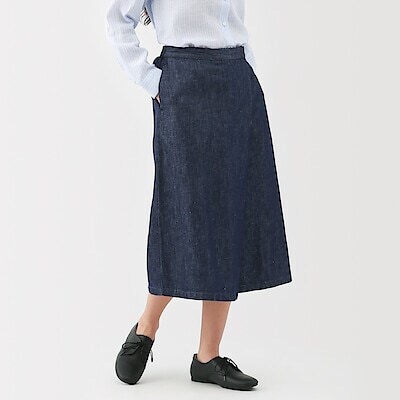 婦人　ヘンプ混　デニムラップワイドスカートパンツ