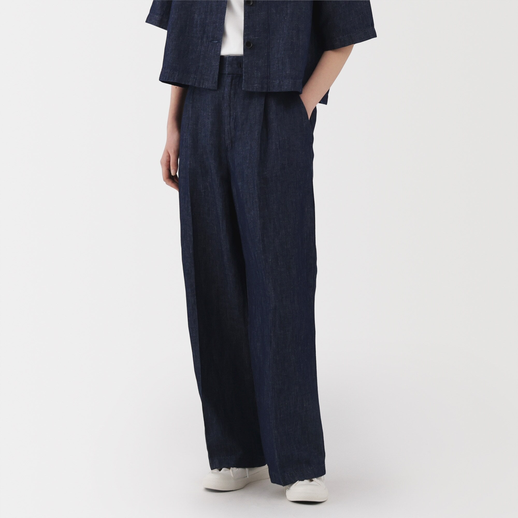 無印良品　ヘンプ　麻　ストライプ　シャツ　ワイドパンツ 婦人 ヘンプ混 デニムタックワイドパンツ | 無印良品