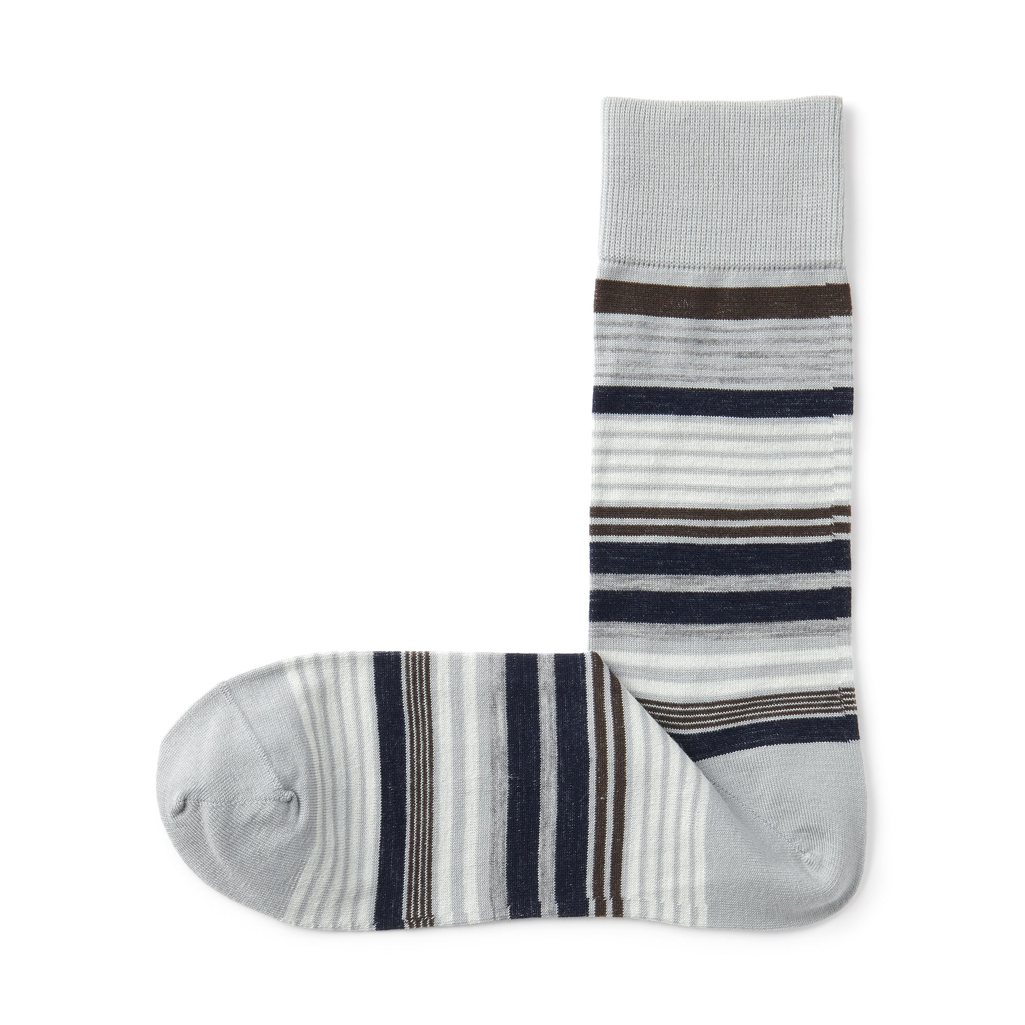 紳士　光沢感のあるウール糸で編んだ　足なり直角　靴下（ボーダー）