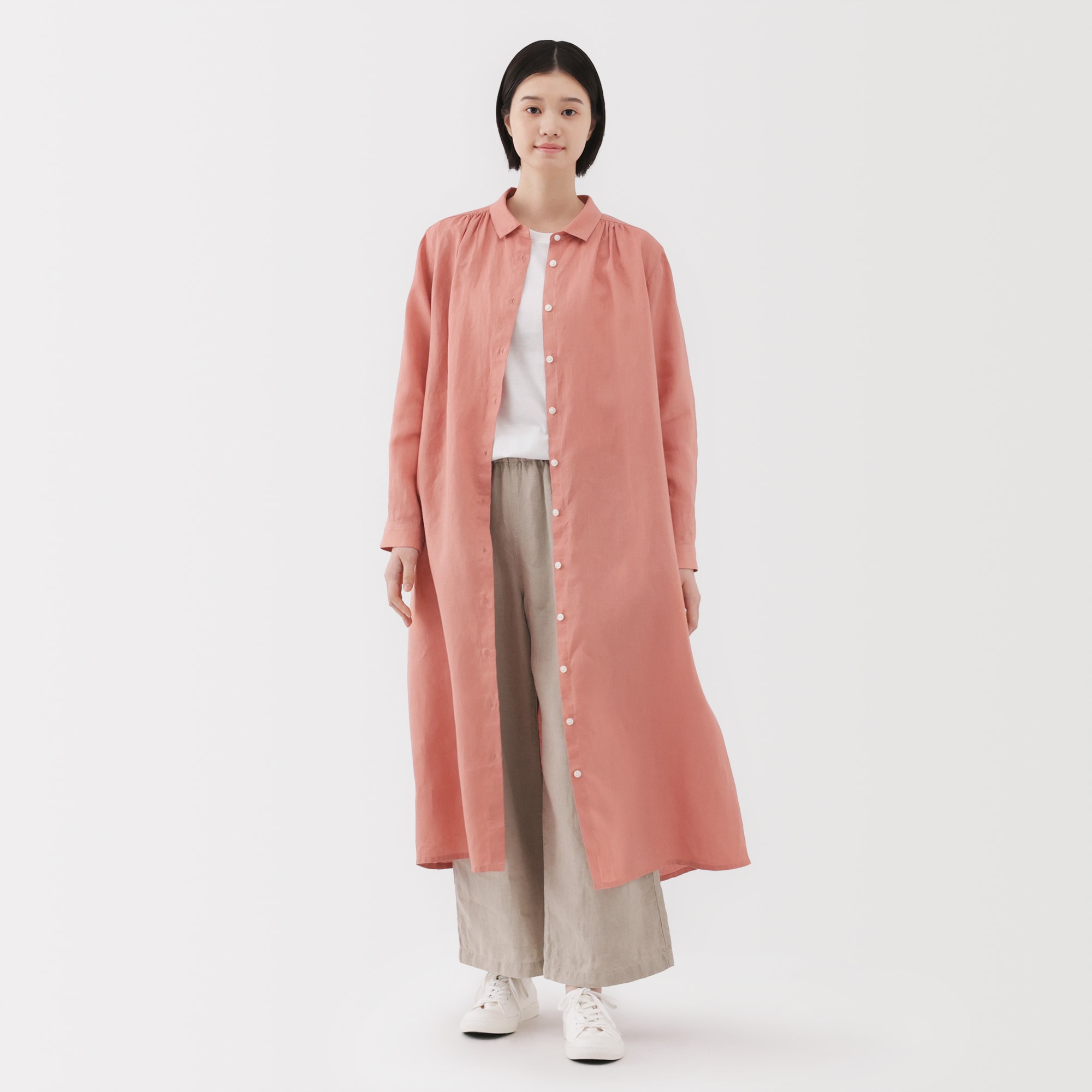 婦人　リネン　洗いざらし長袖シャツワンピース