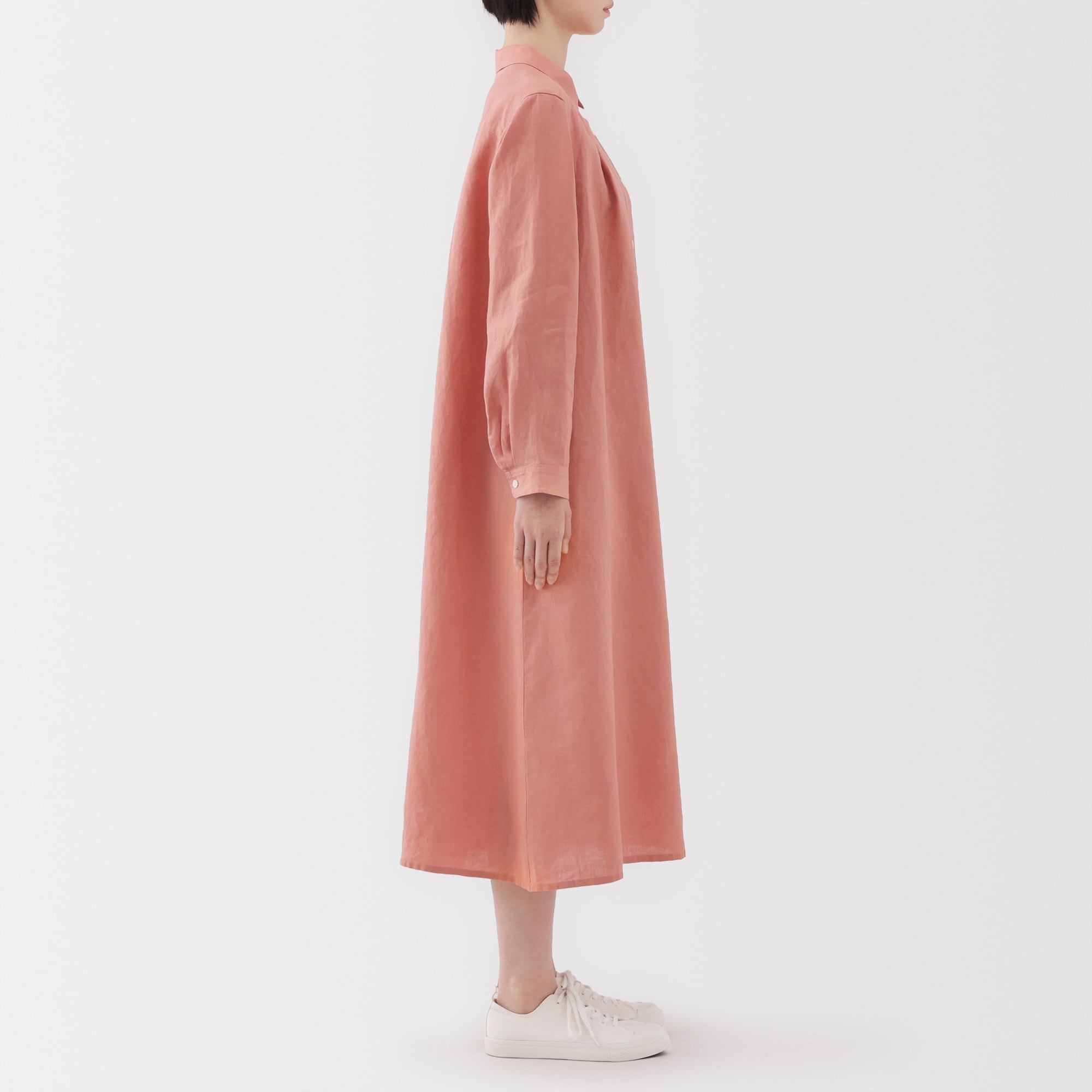 婦人　リネン　洗いざらし長袖シャツワンピース