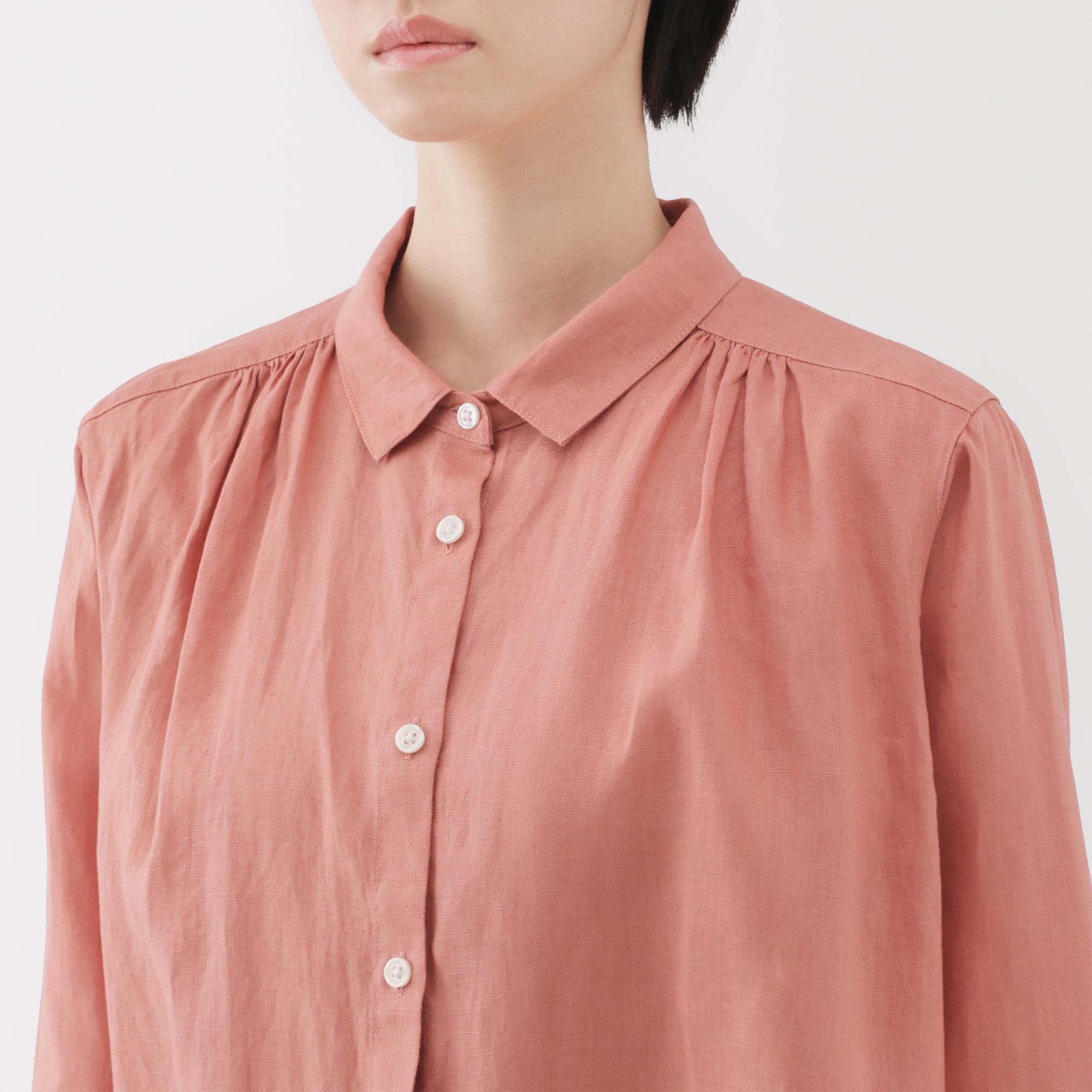 婦人　リネン　洗いざらし長袖シャツワンピース