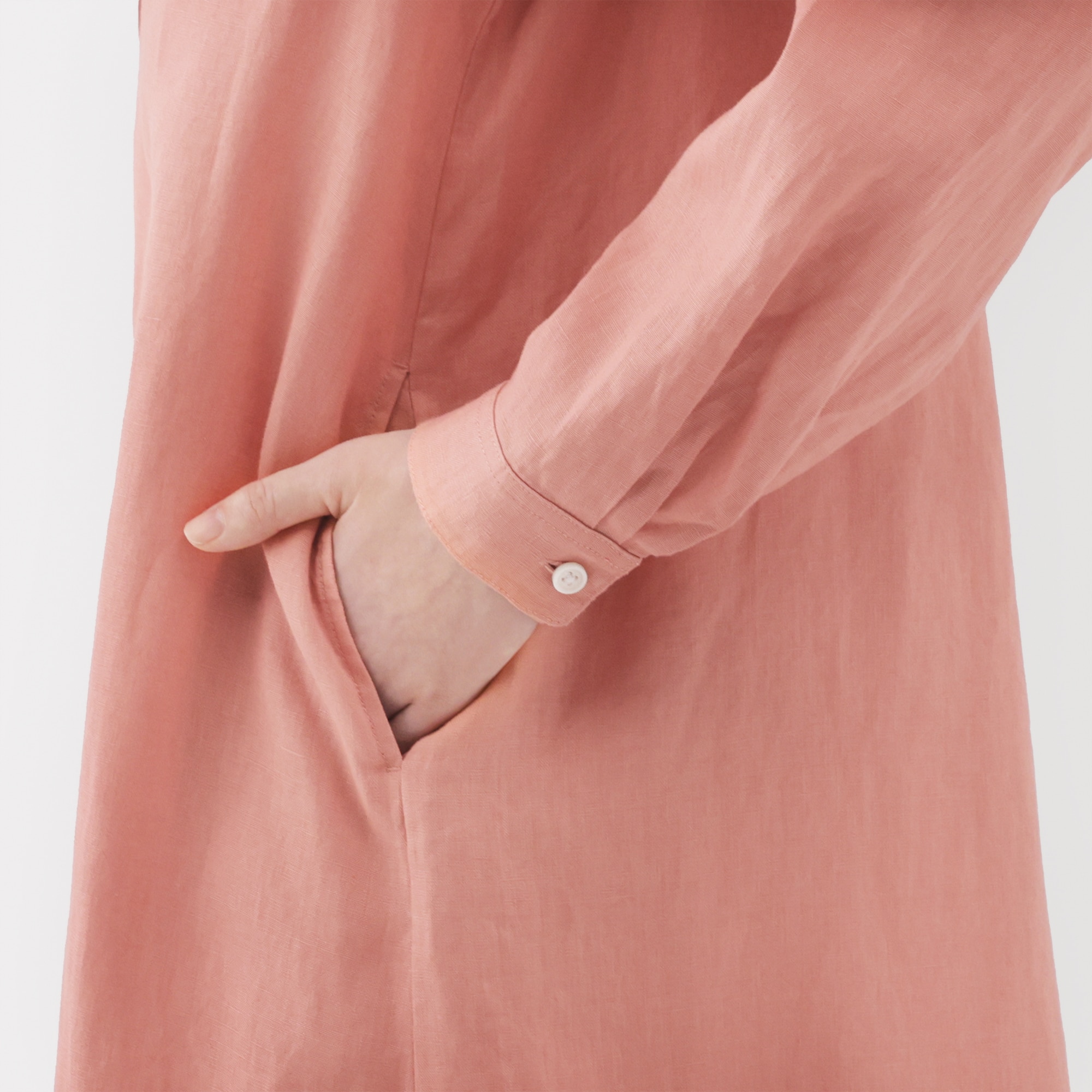 婦人　リネン　洗いざらし長袖シャツワンピース