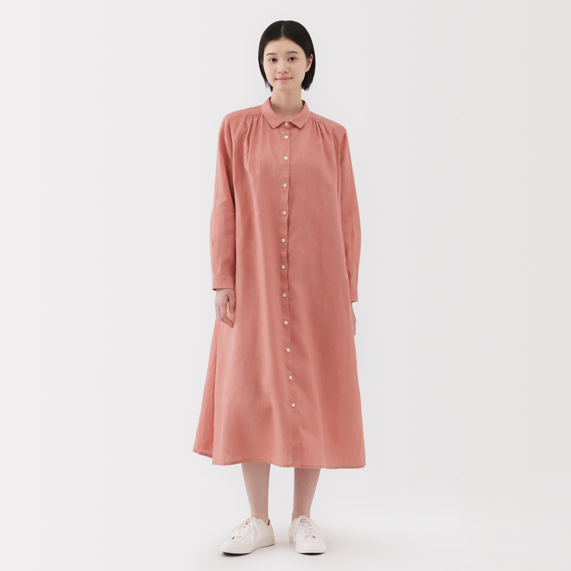 婦人　リネン　洗いざらし長袖シャツワンピース