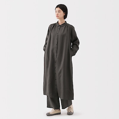 婦人　リネン　洗いざらし長袖シャツワンピース